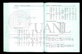 D i o = l , D „ = 0
Formacion de la matriz K1 lu:
KUU^EIX
. 12 6 6 6
0 . 12 6 6 6
3 x 0 - 3 x
125 2.5 25 25 125 25 25 25
6 , 4 1 6 2
1 + - 0 0 0 0
25 5 2 ~25 5
6 1 , , 4 1 3 6 2
1 + 1 + - 0 0
25 2 5 2 16 ~ 25 5
6
0
1 , 4 3 6 2
0 1 + - 0 0
25 2 5 ~ l 6 ~25 5
0 0
3 3 3 3 3
0 0 2 x — 0 0
16 16 64 ~
~ 16 ~íó
o 1 2 6 6 6
0
^ 12 ^ 36 12 18 6 6
-3 x 0 3 x — + 2 x
12
— •
125 25 25 25 125 125 125 25 ~ 25 2
5
6 2
0 0 0
12 4 12 , 1
— — 0 0 0 - + — + 1
1
0
25 5 125 5 5 2
6
0
2
0
3 18 6 1 4 12 1
25
0 0 - + — + 1 + 1 -
25 5 ~ 16 25 ~ 25 2 5 5 2
6
0 0
2 3 6 1 4 ,
0 0 0
25 5 16 ~25
0
2 5
0 0 0 0 0
18
25
0
6
5
0
Kh = EIx
0.288 0.24 0.24 0.24
0.24 1.8 ,. 0.5 0
0.24 0.5 2.8 0.5
0.24 0 0.5 1.8
0 0 -0.1875 -0.1875
-0.288 -0.24 -0.24 -0.24
0.24 0.4 0 0
0.24 0 0.4 0
0.24 0 0 0.4
0 0 0 0
0 -0.288 0.24
0 -0.24 0.4
-0.1875 -0.24 0
-0.1875 -0.24 0
0.09375 0 0
0
0
-0.1875
0
0.24 0.24 0
0 0 0
0.4 0 0
0 0.4 0
-0.1875 -0.1875 0
0.864 0.48 0.48 -0.24 0.72
0.48 4.2 0.5 0 0
0.48 0.5 5.2 0.5 1.2
-0.24 0 0.5 1.8 0
0.72 0 1.2 0 2.4
Calculo de los desplazamientos:
[DU]=[KUU]~1
X[FU]
Du =
229 .778
- 14 .757
- 33 .869
- 50 .936
- 527 .709
64 . 686
- 18 .75
- 24 .408
- 53 .308
- 7.207
Calculo de los momentos en cada barra:
Barra # 1:
M,
M-,
4¿s x 3 / 2EX3I
5
2EX3I
5
4Ex3I EL
0 + 0 -
-64.686
-18.75 + 0 -
-64.686
"2.4 1.2" "12.9372" 24.073
1.2 2.4
X
-5.8128 1.57
Barra #2:
4 2
M,2n
= EI 5 5
= EI
2
5
4
5
El
-18.75 +
-64.686 -229.778
4.757 + '
-64.686 -229.US
0.8 0.4
0.4 0.8
14.2684
18.2614
18.72
20.32
 