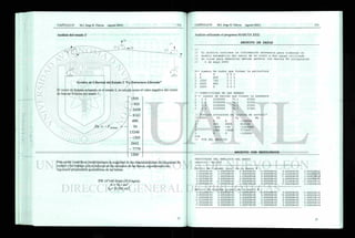 Análisis del estado 2
Grados de Libertad del Estado 2 "La Estructura Liberada"
El vector de fuerzas actuantes en el estado 2, se calcula como el valor negativo del vector
de fuerzas ficticias del estado 1.
1500
- 9 0 5
- 2608
- 8 1 6 1
490
34
13240
-1305
2642
-7779
1200
Fu = -Fficticias
Para poder cuantificar numéricamente la magnitud de los desplazamientos de los puntos de
control y las fuerzas que se inducen en los extremos de las barras, supondremos las
siguientes propiedades geométricas de las barras:
IPR 16"x40 lb/pie (59.8 kg/m).
A = 76.1 cm2
Ixx= 21,561 cm4
.
Análisis utilizando el programa MARC01.EXE:
ARCHIVO DE DATOS
//
// El archivo contiene la información necesaria para elaborar el
// modelo matemático del marco de un claro y dos aguas utilizado
// en clase para demostrar método general con marcos NO ortogonales
// 4 de mayo 2000
5<- numero de nudos que forman la estructura
1 0 0 0 0 1
2 0 600 1 1 1
3 1500 740 1 1 1
4 3000 600 1 1 1
5 3000 0 0 0 1
// CONECTIVIDAD DE LAS BARRAS
4 <- numero de barras que forman la armadura
1 1 2 2100000 76.1 21561
2 2 3 2100000 76.1 21561
3 3 4 2100000 76.1 21561
4 5 4 2100000 76.1 21561
// Fuerzas actuantes en "puntos de control"
// NUDO Fx Fy Mz
1 0 0 -150000
2 905 2608 816100
3 -490 -34 -1324000
4 1305 -2642 777900
5 0 0 -120000
FIN
// FIN DEL ARCHIVO
ARCHIVO CON RESULTADOS
RESULTADOS DEL ANALISIS DEL MARCO
archivo : m2.dat
Matriz de rigidez local
2 . 6 6 3 5 0 0 E + 0 5
0 . O O O O O O E + O O
0 . O O O O O O E + O O
- 2 . 6 6 3 5 0 0 E + 0 5
0 . O O O O O O E + O O
0 . 0 0 0 0 0 0 E + 0 0
0 . 0 0 0 0 0 0 E + 0 0
2 . 5 1 5 4 5 0 E + 0 3
7 . 5 4 6 3 5 0 E + 0 5
0 . O O O O O O E + O O
- 2 . 5 1 5 4 5 0 E + 0 3
7 . 5 4 6 3 5 0 E + 0 5
de la barra #
0 . O O O O O O E + O O
7 . 5 4 6 3 5 0 E + 0 5
3 . 0 1 8 5 4 0 E + 0 8
0 . O O O O O O E + O O
- 7 . 5 4 6 3 5 0 E + 0 5
1 . 5 0 9 2 7 0 E + 0 8
1
- 2 . 6 6 3 5 0 0 E + 0 5
0 . O O O O O O E + O O
0 . 0 0 0 0 0 0 E + 0 0
2 . 6 6 3 5 0 0 E + 0 5
0 . 0 0 0 0 0 0 E + 0 0
0 . 0 0 0 0 0 0 E + 0 0
0 . O O O O O O E + O O
- 2 . 5 1 5 4 5 0 E + 0 3
- 7 . 5 4 6 3 5 0 E + 0 5
0 . OOOOOOE+OO
2 . 5 1 5 4 5 0 E + 0 3
- 7 . 5 4 6 3 5 0 E + 0 5
0 . 0 0 0 0 0 0 E + 0 0
7 . 5 4 6 3 5 0 E + 0 5
1 . 5 0 9 2 7 0 E + 0 8
0 . 0 0 0 0 0 0 E + 0 0
- 7 . 5 4 6 3 5 0 E + 0 5
3 . 0 1 8 5 4 0 E + 0 8
Matriz de rigidez global
2 . 5 1 5 4 5 0 E + 0 3
0 . 0 0 0 0 0 0 E + 0 0
- 7 . 5 4 6 3 5 0 E + 0 5
- 2 . 5 1 5 4 5 0 E + 0 3
0 . O O O O O O E + O O
- 7 . 5 4 6 3 5 0 E + 0 5
0 . O O O O O O E + O O
2 . 6 6 3 5 0 0 E + 0 5
0 . O O O O O O E + O O
0 . O O O O O O E + O O
- 2 . 6 6 3 5 0 0 E + 0 5
0 . 0 0 0 0 0 0 E + 0 0
de la barra #
- 7 . 5 4 6 3 5 0 E + 0 5
0 . 0 0 0 0 0 0 E + 0 0
3 . 0 1 8 5 4 0 E + 0 8
7 . 5 4 6 3 5 0 E + 0 5
0 . 0 0 0 0 0 0 E + 0 0
1 . 5 0 9 2 7 0 E + 0 8
- 2 . 5 1 5 4 5 0 E + 0 3
0 . 0 0 0 0 0 0 E + 0 0
7 . 5 4 6 3 5 0 E + 0 5
2 . 5 1 5 4 5 0 E + 0 3
0 . O O O O O O E + O O
7 . 5 4 6 3 5 0 E + 0 5
0 . 0 0 0 0 0 0 E + 0 0
- 2 . 6 6 3 5 0 0 E + 0 5
0 . 0 0 0 0 0 0 E + 0 0
0 . 0 0 0 0 0 0 E + 0 0
2 . 6 6 3 5 0 0 E + 0 5
0 . OOOOOOE+OO
• 7 . 5 4 6 3 5 0 E + 0 5
0 . O O O O O O E + O O
1 . 5 0 9 2 7 0 E + 0 8
7 . 5 4 6 3 5 0 E + 0 5
0 . O O O O O O E + O O
3 . 0 1 8 5 4 0 E + 0 8
 