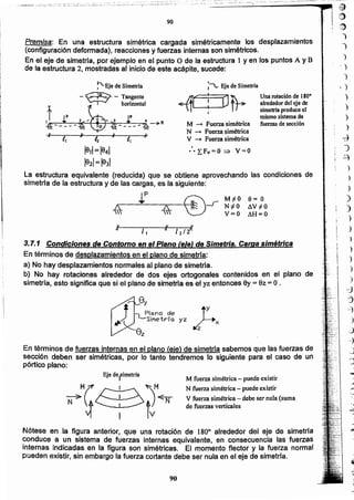 ,~
(J)
:it
")
1
)
,)
')
!')
)
)
)
)
~
)
~
)
)
)
d
:
~
90
Nótese en "la figura anterior, que una rotación de 1800 alrededor del eje de simetria
conduce a un sistema de fuerzas internas equivalente, en consecuencia las fuerzas
internas indicadas en la figura son simétricas. El momento f1ector y la fuerza normal
pueden existir. sin embargo la fuerza cortante debe ser nula en el eje de simetría.
M fuerza simétrica - puede existir
N fuerza simétrica - puede existir
V fuerza simétrica - debe ser nula (suma
de fuerzas verticales
Eje derímetrfa
~MG~~M~
En términos de fuerzas internas en el plano (eje) de simetrfa sabemos que las fuerzas de
sección deben ser simétricas, por lo tanto tendremos lo siguiente para el caso de un
pórtico plano:
3.7.1 Condiciones de Contorno en el Plano (ejel de Simetría. Carga simétrica
En términos de desplazamientos en el plano de simetrfa:
a) No hay desplazamientos normales al plano de simetría.
b) No hay rotaciones alrededor de dos ejes ortogonales contenidos en el plano de
simetria, esto significa que si el plano de simetria es el yz entonces 8y = 9z = O.
f ®_J M:fO e = o
..ti. K N:f0 ilV:fO
  V=O ilH=O
" "
v
11
l.
ÍI
12/t
4
19,1=1941
1821=¡e31
La estructura equivalente (reducida) que se obtiene aprovechando las condiciones de
simetrfa de la estructura y de las cargas, es la siguiente:
Una rotación de 180°
alrededor del ejede
símetrfa produce el
mismo sistema de
fuerzas de sección
+((--+!_o~I
. ..... Eje de Simetría
M - Fuerza simétrica
N - Fuerza simétrica
V - Fuerza simétrica
:. 1:Fv = O =::) V = O
Premisa: En una estructura simétrica cargada simétricamente los desplazamientos
(configuración deformada), reacciones y fuerzas internas son simétricos.
En el eje de símetrta, por ejemplo en el punto O de la estructura 1 yen los puntos A y B
de la estructura 2, mostradas al inicio de este acápite, sucede:
90
 