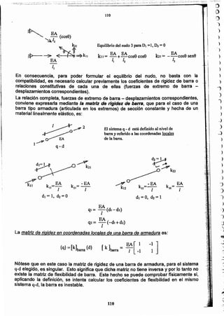 )
)
, )
)
.,
)
)
)
'1
)
J
)
)
__
)
~
J
:
1
110
Nótese que en este caso la matriz de rigidez de una barra de armadura" para el sistema
q-d elegido, es,siqgular .."Esto"significaque-dicha matriz' no tiene ¡nyersa y 'por lo tanto no
existe la matriz de flexibilidad de barra. Este hecho se puede comprobar flsicamente si,
aplicando la definición, se inlenta calcular los coeficientes de flexibilidad en el mismo
sistema q-d, la barra es inestable.
-: ]EA[ 1[ k ]barra = -/ -1{q} =[k]barra {d}
EA
ql = -¡-(dl- d2)
EA
qz = -¡-(-dl+d2)
La matriz de rigidez en coordenadas locales de una barra de armadura es:
-EA
k =--21 l
k =EA
1I I
di = 1, d2= O
~
/.'_'k22
.,-J? - EA EA
kl2 kl2=-Z- k2i= "T
dI = 0, d2 = 1
El sistema q - d está definido al nivel de
barra y referido a las coordenadas locales
de la barra.
EA
bt = --cosa sena
12
EA EA
kn = -+-.-cose cose
/1 12
Equilibrio del nudo 3 pata DI =J. D2= O
~ EA (cose)
~12
k21
$>--___'" ~=9kll
EA
1,
En. consecuencia, para poder formular el equilibrio del nudo, no. basta con la
compatibilidad, es necesario calcular previamente los coeficientes de rigidez de barra o
relaciones constitutivas de cada una de ellas (fuerzas de extremo de barra -
desplazamientos correspondientes).
La relación completa, fuerzas de extreme de barra - desplazamientos correspondientes,
conviene expresarla mediante la niatrlz de rigidez de barra, que para el caso de Una
barra tipo armadura (articulada en los extremos) de sección constante y hecha de un
material linealmente elástico, es:
f~
¡
I¡
¡
1
I
!
i
1
1I¡
¡
¡
!
1
110
 