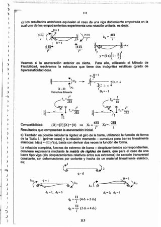 113
El
q¡ =-Z (4 di +2 <h)
El
q2 =; (2 di +4d2)
q-d
d) También es posible calcular la rigidez al giro de la barra, utilizando la función de forma
de la Tabla 3.1 (primer caso) y la relación momento - curvatura para barras linealmente
elásticas: M(x) = -El y"(x), basta con derivar dos veces la función de forma.
La relación completa, fuerzas de extremo de barra - desplazamientos correspondientes,
conviene expresarla mediante la matriz de rigidez de barra, que para el caso de una
barra tipo viga (sin desplazamientos relativos entre sus extremos) de sección transversal
constante, sin deformaciones por cortante y hecha de un material linealmente elástico,
es:
6EI 2EI
Compatibilidad: {D}+[F]{X}={O} => XI = f X2=--/-
Resultados que comprueban la aseveración inicial.
/2
f =_
e21 2EI
=-? 1r .r:- 1I3EI
ti
~:::t---~X2
tX-D Xl
Estructura Primaria
Veamos si la aseveración anterior es cierta. Para ello, utilizando el Método de
Flexibilidad, resolvamos la estructura que tiene dos incógnitas estáticas (grado de
hiperestaticidad dos).
e) Los resultados anteriores equivalen al caso de una viga doblemente empotrada en la
cual uno de los empotramientos experimenta una rotaci6n unitaria. es decir:
8=1
4~I(~j~)2~I
6EI¡ e= 1 t6 El
113
)
}
)
)
1
)
)
)
)
,')
')
)
;
)
)
~
)
")
)
)
.)
J
')
)
=,
)
)
)
)
)
)
)
 
