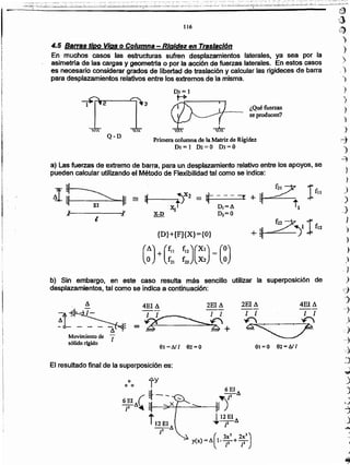 )
)
')
.)
')
)
-.,
}
)
)
;j
)
-=}
)
}
J
.)
_}
1
-
)
)
)
.J
)
-d
-
---
)
_)
_-}
:
:_
.,
)
El resultado final de la superposición es:
91=0 62=l!J 191 =/!J / 92 =0
Movimiento de 1
sólido rígido
2EI A 4EI A
--1 1 1 1
~ '-F'
=c.>
4EIA 2EIA
~~- ;?,:}+
b) Sin embargo, en este caso resulta más sencillo utilizar la superposición de
desplazamientos, tal como sé indica a continuación:
{D}+[F]{X}={O}
t
JI
¡
í
¡
I .
¡
I
a) Las fuerzas de extremo de barra, para un desplazamiento relativo entre los apoyos, se
pueden calcular utilizando el Método de Flexibilidad tal como se indica:
Primera columna de la Matriz de Rigidez
DJ = 1 fu = O D3= O
Q-D
¿Qué fuerzas
se producen?
4.5 Barras tipo Viga o Columna - Rigidez en Traslación
En muchos casos las estructuras sufren desplazamientos laterales, ya sea por la
asimetrra de las cargas y geometrla o por.la acción de fuerzas laterales. En estos casos
es necesario considerar grados de libertad de traslación y calcular las rigideces de barra
para desplazamientos relativos entre los extremos de la misma.
DI =1
; )
Al----
116
... ,_.,._" , _.,. ,.... _ " .. ,.,.,_, ,..... . ~:.: _, '':''""._ : .~ .,..: :;..;,.: _., .. ': . ·.-.···_~~".~, . .,...,:__"c
'_:~:~L¿::::¿_~~(::~,;~:~::,::=~:~~:~ ;:~:.~~r'~~: .::':":'~.:~~:.'~ ~,~:':"~.'.:;./':.~;~::_:~:_,:~:" .":':";~ .:_~.'_c_~~2:.~~·:::~;-L~2~__ .~±.~..C:~.~i~~:.:.¿""~i·~.~~,:,;_:.~.:;. .~~_ _.;-.;:;~:..;:.~,";~:;;.:_:":~.,';'' .::~~~:.•~,;~·~:...i.;~~~'::'~~~"::'~~~~.~~~. '.,¡~~_.~;.~;_~::;:.~~_..:...~:~.,.~.
~
~J}
~
 