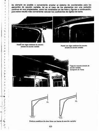 123
Pórticos metálicos de alma nena con barras de sección variable


Vigas de concreto armado de
secciónvariable
Aeropuerto de Tacna
Puente con vigas continuas de concreto
annado de sección variable -
Puen~ con vigas continuas de concreto
'nadode seeeíén variable
No siempre es posible o conveniente ampliar el sistema de coordenadas para los
elementos de sección variable, tal es el caso de los elementos con una variación
continua en sus propiedades, como los mostrados en las fotos y JlQurasa continuación,
para estos resulta más conveniente calcular los coeficientes de rigidez de barra.
}
,
)
1
r,
, )¡
i -J
~
)
-4
J I
)
)
..
)
")
)
)
)
-}
-)
)
)
~
)
jr
)
r
)
~)
_>
J
J
)
 