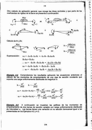)
)
)
)
)
)
")
)
~
)
~.
)
")
)
)
)
)
)
)
)
=3
-7
-1
.
-
.
.
.
.=
~
~
,
~
+
130
Ejemplo 4-5 A continuación se muestran las gráficas de los momentos de
empotramiento de dos barras de sección variable con carga uniformemente distribuida
de intensidad w. Las barras tienen.una variación en su sección transversal igual a las
presentadas en los Ejemplos 4-2 y 4-3.
4EI wf' wlJ wP
U12=-kll(91+ftI292)=-- (--+0.5(--»=--
1 24 El 24El 12
4EI wP wll wP
UlI= -kn(92+ft2,el)=-- ( ---+0.5(--»=+-
1 24El 24El 12
w13
92=---
24 El
w/3
91=--
24El
Ejemplo 4-4 Comprobemos los resultados aplicando las ecuaciones anteriores al
cálculo de los momentos de empotramiento de una viga de sección constante que
soporta una carga uniformemente distribuida de magnitud w:
Superposición: UI2 =- k,I el- ku e2 = - ku el - fbI kafu
fui ka=ftn ku
:. U12= - ku el - ftu ku fu = -lat( el +fb2 Eh)
UlI=-bI9,-h2fu =-ftl2klJ91- knfu
:. UlI = - fuikn el - kn 92 = -h2( fu +fuI el)
el= IM(X) mi
EI(x)
e2=IM(x)nl2
EI(x)
Cálculo de eIyal:
W(x)
If
W(x)
~J....---J-Jf.r1(IJfn~'~~ J
LEl(x) U21 =?
Otro método de aplicación general, que recoge las ideas centrales y que parte de los
coeficientes de rigidez de la barra se presenta a continuación:
130
 