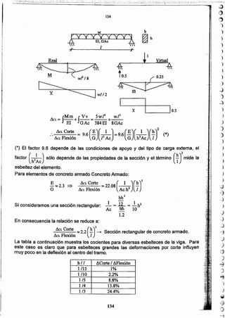 ~
¡'l)
()
1
'l
)
)
)
)
)
)
)
)
-J
:,
-=>
")
)
)
)
"')
)
)
)
)
)
)
)
~
a
~
)
~)
~
~
,.-:)
_)
)
~
)
8)
-)
~
)
)
;~
@
02)
_:)
134
hll ACorteI tiFlexión
1/15 1%
1110 2.2%
1/5 8.8%
1 /4 13.8%
1/3 24.4%
( )
2
tic'- Corte ~ 2.2 ~ -+ Sección rectangular de concreto armado.
/!"CL Flexión 1
La tabla a continuación muestra los cocientes para diversas esbelteces de la viga. Para
este caso es claro que para esbelteces grandes las deformaciones por corte influyen
muy poco en la deflexión al centro del tramo.
En consecuencia la relación se reduce a:
tu: ¡Mm J Vv 5w[4 w/2
./.= m+ GAc = 384EI +8GAc
• .&7..Corte = 96 (E)(_I ) _ 9 6 (E)(_I )(h)2 (*)
.. Aa. Flexión . G [2 Ac -. G h2Ac l
(*) El factor 9.6 depende de las condiciones de apoyo y del tipo de carga externa, el
factor (h'~c)s610depende de las propiedades de la sección y el término (~ rmide la
esbeltez del elemento.
Para elementos de concreto armado Concreto Armado:
~ ~ 2.3 => tiCL Corte =22.08 ( 1 ) (.!!.)2
G &:L Flexión Ac h2 1
bh3
Si consideramos una sección rectangular: _!_ = .l2_ = _!_h2
Ac bh 10
1.2
L..-- _ ____,I 0.5.Y.
~w112
v
M ~
wP/s
~
Real
134
 