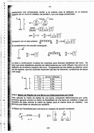 135
q-d
[f]=~_J ~_~,,~:--- El, GAc ~
i2
¡2
2EI
¡J 1
-+--
3EI GAc
/
El
/2
2EI
10.3 Matriz de Rigidez de una Barra con Deformaciones por Corte
calcular la matriz de rigidez de una barra, incluyendo deformaciones por corte,
,..,..""....... generar primero la matriz de flexibilidad de una barra en voladizo y luego por
de ésta calcular la matriz de rigidez para la misma barra en voladizo. Los
nos que faltan se calculan por equilibrio.
.a) Matriz de FJexibilidadpara una barra en voladizo de sección constante.
hll ~Corte I ~FJexión
1/15 0.3%
1/10 0.7%
1/5 2.8%
1/4 4.3%
113 7.7%
I
tabla a continuación muestra los cocientes para diversas esbelteces del muro. Es
que para esbelteces grandes las deformaciones por corte influyen muy poco en la
...deflexión en el extremo superior del muro. Comparando las dos tablas se observa, como
era de esperar, que los cocientes dependen del tipo de elemento, condiciones de apoyo
y de carga.
/le = 2.2 (h)2/lf I
/le (h)2Af:= 0.69 I
rar con el caso anterior: -4y y V Y t
consideramos una sección rectangular:
_¡
( )( )
2
~ /le -69 1 h
Af -. Ae h2 1
/le =22.08( 1 )(~)2/lf . Ae h2 l
E
para G =2.3
Corte
1
una comparación similar a la anterior para la deflexión en el extremo
rior de un muro en voladizo, de peralte h, con una carga concentrada:
I3S
)
",,
;
)
,)
--,
)
-,
)
)
-)
)
-l
)
)
)
}
)
)
)
-)
)
1
1
)
)
)
~
)
.)
)
-
)
)
J
;
~
)
~
)
)
"')
:)
)
)
 
