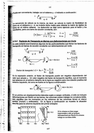 j
~
Mj=Mi/2
Si la columna no tiene cargas
transversales y. sólo se incluyen
deformaciones porflexión la columna
trabaja en curvatura doble.
¡tui-0.5
· gn un pórtico sin desplazamientos laterales sujeto a cargas verticales, si s610se incluyen
· qeformaeiQnespor flexión en las barras, las columnas suelen trabalar en curvatura doble.
· ésto signm~ que las momentos en los extremos de las columnas tienen el mismo
". sentidO (horario Li antihotario). En la figura a continuación se muestra la situación
...qescritapara la columna izquierda del primer entrepiso
En la expresión anterior, el factor de transporte puede ser ~gativo dependiendo del
'.,valo~que adopte a. Un valor ~~gativo del factor de transporte .s'gOifica,que el momento
queaparece en el extremo derecho de la barra es negativo para una rotación positiva del
',"extremo izquierdo, tal como se Ilustra en la figura a continuación.
r";,. M11= fU7 Mil
Ml1 .)
.' . ~I 2-41
Factor de transporte l-2 = ftl2 = - =--
ku 4+41
=
2-a El
k:u=---
l+a I
ku = 4+u El
l+a 1~1I (~*"..-r' - ... -7-.----:O-----J..-2~ ) lal - ftl2 kn
1 el = 1
12.EI
a= . .
PGAc
l~ .,' )2
~. '. '.' . .': /}.~
, 11 '
, q~~l '
1Q~4Factores de Transpone en Barras con Deformaciones por Corte
este aC4Pite~exarñ¡ha~~P;'alg!Jnasde las particu¡aridade~qij'~tienen los factores de
~;ttral[1S(lior1:e'enbárras de secCióneonstante con deformaclones por corte.
12EI
a ='-::¡2:-G-A'__"c[k] - 1 EI[4+abarra- ----
. . l+a 1 2-(1
2-a]4+a
s~~encia de cálculo es la misma. es decir, !)e calcula Iª m~triz de flexibiliqad de
."..~IJ e'l sistyema q - d~se ínvíerte dicha ma~ p~'raobt$ñ.er ia matriz de riQic:fe~de
en elmismo slsterna. La deducción se deja como ej~rCicíopara el lector y 10$
resl~lta'laOl$,para una barra de sección constante, son:
1 l.¡r-__""___". --.,¡:a "'2
. -(& q - d '" ¡/
uede ser conveniente, trabajar con el sistema q- d inqicado a CQhtifluación:
131
137

",L2i:·_:';:ó·_·.c..;,,·. . '" "... :.;,.;;;.,~" ,~_...".';;;,;__:, ;; ..",.~,,:...o;~~~~~_:: .~_~:~~~ ..:~'.'~,..•.., .......•;_~, .."-_~_~.""..:,..;;._;;;::::'.::~~::;'::¡,...':':':'.... "·,;,··c"c·,,'::· :'.;"""'''~'='''"''=''~~'''-''-
1
~)
J
)
:9
I }
. I
i 'J
.)
-)
,
')
")
)
1
...,
~)
)
 