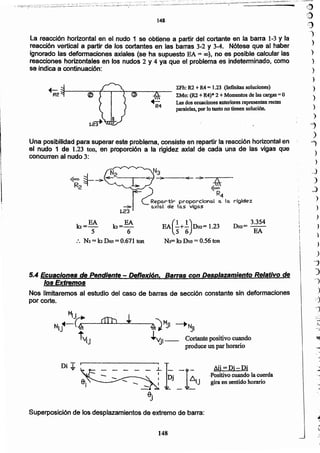 rj)
(¡)
t)
.)
)
)
)
)
)
'
)
j
.
_
.
148
Superposición de los desplazamientos de extremo de barra:
Mi =Dj--Di
-Posítívo cuando la cuerda
gira en sentido horario
Di~
~JMJI .........~I
~'{jl__ Cortantepositivo cuando
produce un par horario
5.4 EcuacioneS de Pendiente - Denexlón. Barras con Desplazamiento Relativo de
los Extremos
Nos limitaremos al estudio del caso de barras de sección constante sin deformaciones
por corte.
:. N2 =lo Das = 0.671 ton
EA
10=-
6
DH]= 3.354
EA(1 1) .EA 5+6 Dm= 1.23
N3= 10Das = 0.56 ton
EA
b=-
5
Una posibilidad para' superar este problema, consiste en repartir la reacción horizontal en
el nudo 1 de 1.23 ton, en proporción a la rigidez axial de cada una de las vigas· que
concurren ai nudo 3:
:EFh:R2 +R4 = 1.23 (Infinitas soluciones)
tMo: (R2+R4)* 2 +Momentos de Ias cargas = O
Las dos ecuaciones anteriores representan rectas
paralelas, por lo tanto no tienen solución.
I
Ii
I
~
La reacción horizontal en el nudo 1 se obtiene a partir dél cortante en la barra 1-3y la
reacción vertical a partir de los cortantes en las barras 3-2 y 3-4. Nótese que al haber
ignorado las defonnaciones axiales (se ha supuesto EA = 00), no es posible calcular las
reacciones hcrízontates en los nudos 2 y 4 ya que él problema es indeterminado, como
se indica a continuación:
 
