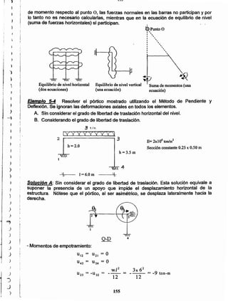 155
i
L
l
1212
wl2 3x 62
--- - --- = -9 ton-m
- Momentos de empotramiento:
u12 = U21 = O
u.n = U34 = O
'k 1=6.0m
Solución A: Sin considerar el grado de libertad de traslación. Esta solución equivale a
suponer la presencia de un apoyo que impide el desplazamiento horizontal de la
estructura. Nótese que el pórtico, al ser asimétrico, se desplaza lateralmente hacia la
derecha.
h =3.5 m
E= 2xI06 tonIm2
Sección constante 0.25 x 0.50 m
IV Y y y "'(Y r-:/)J
2 3
h=2.0
3 t.ll'l
Ejemplo 5-4 Resolver el pórtico mostrado utilizando el Método de Pendiente y
Deflexi6n. Se ignoran las deformaciones axiales en todos los elementos.
A. Sin considerar el grado de libertad de traslación horizontal del nivel.
B. Considerando el grado de libertad de traslación.
~ ~
Equilibrio de nivel vertical ~uma de momentos (una
(una ecuación) ecuación)
 
Equilibrio de nivel horizontal
(dos ecuaciones)
de momento respecto al punto O, las fuerzas normales en las barras no participan y por
lo tanto no es necesario calcularlas, mientras que en la ecuación de equilibrio de nivel
(suma de fuerzas horizontales) sí participan. .
~PuntoO
, ~..I ..
, ,
I '
I ~,
I ..
I ..
I "
I ..
I ,
, '.
)
,
}
!
)
)
)
}
);
J
)
)
=;
)
)
)
J
)
)
!
1
)
:)
J
)
)
)
)
,
J
}
~
)
--4
 
