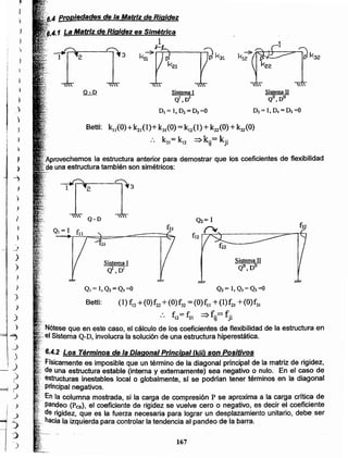Betti: (1)~2 +(O)f22+ (0)f32 = (O)fll +{l)f21 +(0)f31
:. f l2 = f21 =>fij= fji
.••.Nótese que en este caso, el cálculo de los coeficientes de flexibilidad de la estructura en
'. el Sistema Q-D, involucra la solución de una estructura hiperestática.
. 6.4.2 Los Términos de la Diagonal Principal (kü) son Positivos
Frsicamente es imposible que un término de la diagonal principal de la matriz de rigidez,
, de una estructura estable (interna y externamente) sea negativo o nulo. En el caso de
. estructuras inestables local o globalmente. si se podrían tener términos en la diagonal
.: PrinCipalnegativos.
: En la columna mostrada, si la carga de compresión P se aproxima a la carga crítica de
pandeo (PCR) , el coeficiente de rigidez se vuelve cero o negativo, es decir el coeficiente
. de rigidez, que es la fuerza necesaria para lograr un desplazamiento unitario, debe ser
.,:haciala izquierda para controlar la tendencia al pandeo.de la barra.
Sistema r
Ql,D1
Sistema 1I
Q", DlI
la estructura anterior para demostrar que los coeficientes de flexibilidad
una estructura también son simétricos:
Betti: kll(O) +!s¡(l)+k31(0) = kI2(l) +k22(O) +k32(O)
:. Is,= kl2 =>kij= kji
Sistema 1I
QII, OH
D2 = J, D, =D) =0
Sistema 1
QI,D1
D, = 1,D2 = D, =O
1 La Matriz de ~igidez es Simétrica
1
propiedades de la Matriz de Rigidez
-'~
t
167
¡=
i,
¡ )¡
¡
1
)
1 )
1
)
!
•,)
~
J
"
,
f
)
)
_}
)
)
)
)
)
)
)
)
~
)
.>
_)
)
I
i
)

_)
)
,__)
~
l'~}
)
 