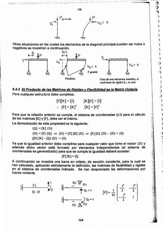 )
)
)
)
)
)
-
.
-=
J
.
168
gl El tl
~
f21~fll
13 /2
P2 -Q-D .tQ1=1 1 .3 2
[F]= .-
El /2
1
~w
__ )Q2=1 2
t22 ~ f12
Para que la relación anterior se cumpla, el sistema de coordenadas Q~Dpara el cálculo
de las matrices [K] y [F], debe ser el mismo.
La demostraci6n de esta propiedad es la siguiente:
{Q} == [K] {D}
{D} = [F] {Q} ~ {D} = [F] [K] {D} ~ [F] [K] {D} - {D} = {O}
([F] [K] - [1]) {D} = {O}
Ya que la igualdad anterior debe cumplirse para cualquier valor que torne el vector {D} y
además dicho vector está formado por elementos independientes (el sistema de
coordenadas es generalizado) para que se cumpla la igualdad deberá suceder:
[F] [K] = [1]
A continuación se muestra una barra en volado, de sección constante, para la cual se
han calculado, aplicando estrictamente la definición, las matrices de flexibilidad y rigidez
en el sistema de coordenadas indicado. Se han despreciado las deformaciones por
fuerza cortante.
[K][F] = [1]
[K]= [Fr
[F][K] = [1]
:. [F] = [x]'
6.4.3 El Producto de las Matrices de Rigidez y Flexibilidad es la Matriz Unitaria
Para cualquier estructura debe cumplirse:
Caso de una estructura inestable, el
coeficiente de rigidez KII es nulo
Flexibles
ku < o
P grande
p
Otras situaciones en las cuales los elementos de la diagonal principal pueden ser nulos o
negativos se muestran a continuación.
D1=1
M
r,
!
1¡
j
1~~ji
,.
I

¡
I
I
168
·~...~- _ ......
:.....~, ·...;..:-,..;~r..-~~;::::~~-
 
