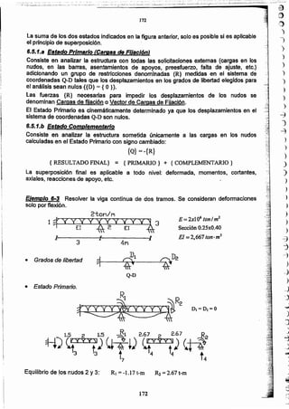 a
1)
I~
)
-,
)
)
)
)
)
)
)
)
-1
)
-3
)
)
)
)
)
')
)
)
)
o
~
-
-.
_
-
.
:
d
172
RI =-1.17 t-m R2= 2.67 t-mEquilibrio de los nudos 2 y 3:
• Estado Primario.
" '"
If
11
3
A
41""'1
...
Grados de libertad
~
Di c;::.Dz•
~ ~
Q-D
E = 2xl06 tonI m2
Sección O.25x0.40
El = 2,667'Ion. m2
2-ton/M
Ejemplo 6-3 Resolver la viga continua de dos tramos. Se consideran deformaclones
solo por flexión.
la suma de los dos estados indicados en la ñgura anterior, solo es posible si es aplicable
el principio de superposición.
6.5.1.8 Estado Primario (Camas de Fijación}
Consiste en analizar la estructura con todas las solicitaciones externas (cargas en los
nudos, en las barras, asentamientos de apoyos, preesfuerzo, falta de ajuste, etc.)
adicionando un grupo de restricciones denominadas {R} medidas en el sistema de
coordenadas Q-D tales que los desplazamientos en los grados de libertad elegidos para
el análisis sean nulos ({D} = { O}).
Las fuerzas {R} necesarias para impedir los desplazamientos de los nudos se
denominan Cargas de fijación o Vector' de Cargas de Fijación.
El Estado Primario es cinemáticamente determinado ya que los desplazamientos en el
sistema de coordenadas Q-D son nulos.
6.5.1.b Estado Complementario
Consiste en analiza" la estructura sometida úniCámente a las cargas en los nudos
calculadas en el Estado Primario con signo cambiado:
{Q} = -{R}
{ RESULTADO FINAL} ;;: {PRIMARIO} + {COMPLEMENTARIO}
La superposición final es aplicable a todo nivel: deformada, momentos, cortantes,
axiales, reacciones de apoyo, etc.
.,,
i
¡
I
I!
I
¡
172
_. ~ •• _._ •• _ .":_:-:~'."~_ ._.:: •• , •••• ':;'.:'_;'--;_'_~~ ~.'.":-.'_ • '0"
,:;:'.~:z:.~;~~·:·.~··~=~:::.~~~~~O.;.;'~~~~;;:.~~~..~:.~"~.::~'.~~:~:~~:~~~~~.:L::..~.:. ; ~~ ~:~~o.~.:....-:.;i~~~~._~~~l:-_~i¡·:0:.".;.: .:~~~ ..~~::~:..~:..;,::::.~:... o:..';':;':;_~ ~o-..:-;:~·.·~,_:_<
 