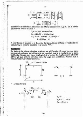 187
t
R¡=O
R, =-15.19 ton- m
R3 =5.06ton·m
• Estado Primario
6
I 11Q-D
21
1
1
3
18 3 ton/m x 6 = 18ton
,~ Ejemplo 6-9
Se trata de la misma estructura analizada en el Ejemplo 6-6, pero con una carga
concentrada colocada asimétricamente de magnitud igual a la resultante de la carga
distribuida. En este caso no es simple predecir el sentido del desplazamiento lateral del
pórtico ya que tanto la' estructura como la carga son asimétricas. Veremos que la
estructura se mueve hacia la derecha.
A esta técnica de solución se le denomina Condensación de la Matriz de Rigidez de una
estructura y se presenta en detalle en el acápite 7.11.1
El(~~:7~~7-:.::: 1~21=ffi-1.333- 0.333 3.333 D3 ~
El (0.:33 ~:!::){~:}-{~:}
Resolviendo el sistema de ecuaciones se obtiene las rotaciones D2 y D3. De la primera
ecuación se obtiene la fuerza F:
D2= 5.0333/EI =1.887xlOl rad
D3=-3.203/EI =-1.20lxI03 rad
El (1.333x O- 0.667 D2 - 1.333D3) = F
F ~ 0.913 ton ok!
187
1
t
r
}
¡
~
)
)
)
)
)
1
j
J
-..::.,
¡ )
I
. }
I
;
.
_1
)
)
J
,
)
}
')
)
~
.J
)
)
,)
_)
_)
)
)
-)
)
 
