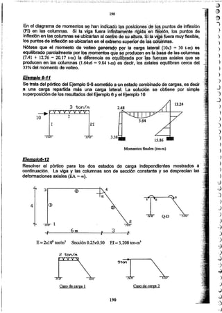 )
)
)
)
)
)
)
J
)
J
)
)
)
)
)
_)
)
)
)
)
)
)
~
-J
~
)
_J
)
)
~)
)
)
~
)
.;,J
-j
~
')
)
~
:J
'.J
--)
190
Caso de carga 2Caso de carga 1
___.,----_
5ton
E = 2x.l06 ton/m" Sección O.25x0.50 El = 5,208 ton-m"
11 36m
1
4
®3.
EjetiJpio6-12
Resolver el pórtico para los' dos estados de cárga independientes mostrados a"
continuación. La viga y las columnas son de sección constante y Se desprecian las
deformaciones axiales (EA = (0).
Momentos finales (ton-m)
1 2I
3 ton/M
EJemplo 6-11
Se trata del pórfíeo ~el Ejemplo 6-6 sometido a un estadQcomblnado de cargas, es decir
a una carga ~partida más una carga latersl, La solución se obtiene por simple
superposición de los resuHados del Ejemplo 6 yel Ejemplo 10
En el dic¡¡gramade momentos ~ ha,n indi~_qo,ª$. P9$ICicm~.~~:19§,puntos de infl~xí6n
(PI) en lá& columnas. Si la viga fuera íQfiJ1~m~D~ rfgi~~'en ij~~;i()n,10$puntos de
inflexión en las co....mnas SEj ubí~rfan al ceíltro de siaaltura~$.iJavi9~]~era muy flexible,
Jospuntos de inflexión se ubicaríanen el ~>4iem().sú~rl()ide I~~qófymri~s.
N6te~ que el- rn9Jl1entocJé VQlteo gené~d() g9f la carga lát~tal (lOx3. = 30 t-m) es
equilibrado parcialmentepor Iqs.roornehtQ8. qú@.~~p~~~nen j~'b~$~de las columnas
(7.41 + 12.76 = 20,17 t-m) la dlf~rencia es equiJIb,rªda por la$ fuerias axiales que se
producen en las columnas (1.64x6 = 9.84 t-m) es decir, los axialeS eqUilibran cerca del
33%del momento de volteo.
190
 