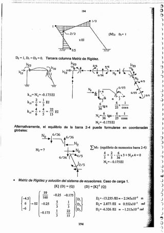59
-0.25 -0.l75 . 3
r·s}
160
{~:J
DI=-13.2551EI SI:: - 2.545xl 0- m
~ =EI -0.25
5 1
D2= 2.877/EI r::: O.552xIO-3 rad- -
3 3
D3=-6.326/EI f:$ -1.215xIO-3 rad1 22-0.175 -
3 15
194
• Matriz de Rigidez y solución del sistema de ecuaciones. Caso de carga 1.
[K] {D} = {Q} {D}= [lC]-1 {Q}
¿M2 (equlibrio dé momentos barra 2-4):
4 2 6 . .
- + - - -x 3 +Nl" 4 = O
S 5 36
N2= -0.175EI
Alternativamente, el equilibrio de la barra 2-4 puede formularse en Coordenadas'
globales:
2 1
k =-=-EI
23 6 3
4 4 22
k =-+-=-EI
33 6 5 15
~.6..~.~Ít~25
36, 2{.._-~
11 ~
6 1
6 -x--
36 tga 25 cosa
6 6 1
N2= 36 tga - 25'x cosa
N2= -0.175EI
194
 
