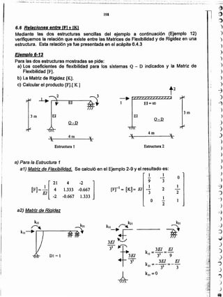 :)
f~
·~
~
)
)
)
)
)
)
)
)
)
)
-:1
)
-4
)
)
)
)
)
)
)
)
)
)
)
)
-j
J
----J
)
==)
)
---}
~
~
)
)
.)
j
)
"'j
)
)
rsr' = [K]= El
I
2--3 2
1
_.
O
..
2 .".-
- •...
;:~
:.-:::
.. <~
k kJ1
k ~21
-j'II_.
~
3EI~
3'f k = 3EI = El
3El 11 33 9
T 3EI El
k =--=--
21 32 3
_1_ k31 =0

o
-.1 EI=oo
3m
El
~

'Y
4m 1
1 t
Estructura 2
Dl=1
a2) Matriz de Rigidez
-2 ]
-0.667
1.333
4
1.333
-0.667
[
21
[F]=_l 4
El
-2
a) Para la Estructura 1
Estructura 1
4m

3 m El
¡
!
Ii
1I
¡
¡
a1) Matriz de Flexibilidad. Se calculó en el Ejemplo 2-9 yel resultado es:
1 1
9 3
Para las dos estructuras mostradas se pide:
a) Los coeficientes de flexibilidad para los sistemas Q - D indicados y la Matriz de
Flexibilidad [F].
b) La Matriz de Rigidez [K).
c) Calcular el producto [F].[ K ]
Ejemplo 6-13
6.6 Relaciones entre (FI y lK)
Mediante las dos estructuras sencillas del ejemplo a continuación (Ejemplo 12)
verifiquemos la relación que existe entre las Matrices de Flexibilidad y de Rigidez en una
estructura. Esta relación ya fue presentada en el acápite 6.4.3
198
...,~L:....~..:~
,1
 