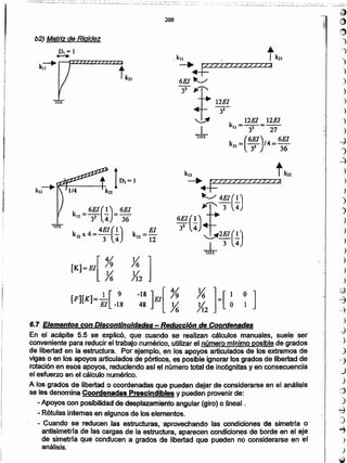 ~
f)
O
)
')
)
)
)
)
)
)
)
)
-J
J
-4
)
)
)
)
)
)
)
)
)
)
)
)
~
8
-4
.)
-)
.. )
)
,-)
J
J
~
)
-d
..J
~
)
)
'ii)
6.7 Elementos con Discontinuidades - Reducción de Coordenadas
En ~I acápite 5.5 se explicó, que cuando se realizan cálculos manuales, suele ser
conveniente para reducir el trabajo numérico, utilil~r el nÚmeromrnimoposible de grados
de libertad en la estructura. Por ejemplo, en los apoyos articulados de los extremos de
vigas o en los apoyos articulados de pórticos, es posible ignorar los grados de libertad de
rotación en esos apoyos, reduciendo asl el número total de incógnitas y en consecuencia
el esfuerzo en el cálculo numérico.
A los grados de libertad o coordenadas que pueden dejar de considerarse en el análisis
se les denomina Coordenadas Prescindibles y pueden provenir de:
- Apoyos con posibilidad de desplazamiento lIngular (giro) o linear.
- Rótulas internas en algunos de los elementos.
. - Cuando se reducen .Ias estructuras, 'aprovechando las condiciones de símetrfa o
antisimetrra de las cargas de la estructura, aparecen condiciones de borde en el eje
de slmetrfa que conducen a grados de libertad que pueden no considerarse en el
análisis.
x ]){2
-18 JEI[ %
48 ~
[KJ=EI[ %. ~
1 [ 9
[F][K]= El -18
k =EJ
22 12
kl2 tk12
~ ~Z77Z727ZZ7Z1A
~ 4EI(1)
J(j"'--3- 4
6EI(1)~ ~
3' 4 't2~(:)
*
k = 6EI (.!.)= 6EI
12 32 4 36
k x4= 4EI(.!.)22 3 4
. kll .. tk2l
~~ZZ771Z7727Z7a
6EI~
y~~ 12E!
0..1' 3' k _ 12E! _ 12E!
* 11- 33 - 27
 k =(6EI)/4 = 6EI
21 32 36
b2) Matriz de Rigidez
DI = 1
~
k~ r--p::tz2zzm7iZZ3
tkZ1
200
 
