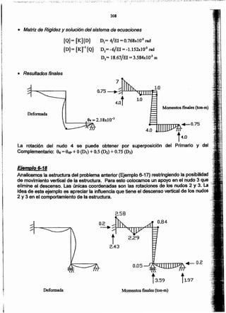 Momentos finales (ton-m)Deformada
t3.59
t2.43
2.58
Ejemplo 6-18
Analicemos la estructura del problema anterior (Ejemplo 6-17) restringiendo la posibilidad
de movimiento vertical de la estructura. Para esto colocamos un apoyo en el nudo 3 que .
elimine el descenso. Las únicas coordenadas son las rotaciones de los nudos 2 y 3. La .
idea de este ejemplo es apreciar la influencia que tiene el descenso vertical de los nudos
2 y 3 en el comportamiento de la estructura.
La rotación del nudo 4 se puede obtener por superposición del Primario y del
Complementario: 94= 94P+ O(D,) +Q.S(02) +0.75 (D3)
Deformada
Momentos finales (ton-m)
/
0.75 ---.. ;:::1-L-'-L.L.L ........TTT"T"'I"4~
4.01
7
• Resultados finales
D1= 4/EI =O.768xlO~Jrad
D2= -6/EI = -1.152xlO-3 rad
0)= 18.67/EI = 3.584xl0·3 m
{Q}= [K]{D}
{o}= [KtfQ}
• Matriz de Rigidez y soluci6n del sistema de ecuaciones
208
 