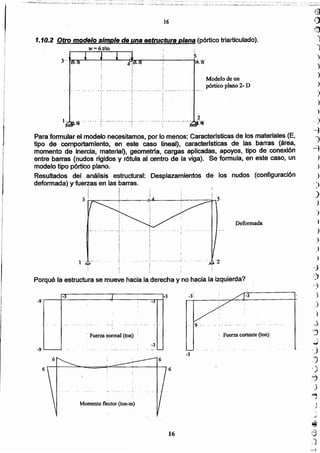 'J
,)
,)
~
J
9
J
)
.
.
-:}
-;
,-4¡
)
.
)
.~
-:)
-3
., 9· .. '.. ,' ,.
; Fuerza cortante (ton);
-3
16
Momento flector (ton-m)
-9 ,_____.
: Fuerza normal (ton) :
r--,--+~.:....3__ -,.- J:I----...;_--rr--l-3
-9' -j
•••• ,. .... ••• ,; . ,_o, , ••
-3
........... _ •• ••• o o" L-
Porqué la estructura se mueve hacia la derecha y no hacia la izquierda?
Deformada
,
1····,··-·-·,oO. 1"
_, .... _, •• _ o.' l....
, "... . i '..-'..
¡
,
j
!, ... .. i 00- _ • _ .. _
! .
~
Para formular el modelo necesitamos, por lo menos: Caracteristicas de los materiales (E,
tipo de comportamiento. en este caso lineal), caracterlsticas de las barras (área,
momento de inercia, material), geometrfa, cargas aplicadas, apoyos, tipo de conexión
entre barras (nudos rfgidos y rótula al centro de la viga). Se formula, en este caso, un
modelo tipo pórtico plano.
Resultados del análisis estructural: Desplazamientos de los nudos (configuración
deformada) y fue~s en las barras.
~
¡
3.' s·.··
" 2.; .. -_ O¡ , :.. -.- -- .• -- .. :O}
" ,
1·0 o •• o _ • o •• ' ••
• • O)
Modelo de un
, . pórtico plano 2- D
,. -_.- " '~'_._'." ... " .- •• _ ...... ~---- •• _ -- .... _ -Ó: _- ... -.-.- _ •• - --~
1.10.2 Otro modelo simple de una estructura plana (pórtico triarticulado).
w=6 ..tlm
16
 