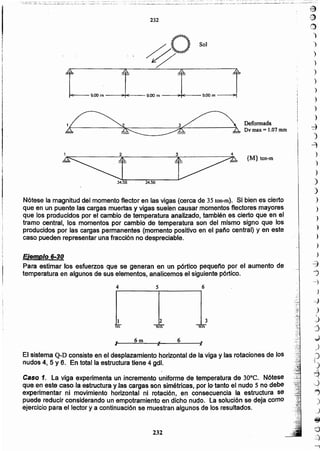 ~)
)
)
)
)
)
)
)
)
)
-d
)
~
)
)
)
)
.)
)
)
)
)
)
)
)
~
"j
--J
J
.-J
o)
J
j
.,)
,)
¡J-1
_)
"
q
,j
,
'''7
)
.J
~
'O
::?
232
Caso 1. La viga experimenta un Jncrerneeto uniforme de temperatura·de 30°C. Nótese
que..en este caso ;Ia.,estructuray Jas ~argas son simétricas, .por le-tanto el nudo 5 no debe
experimentar ni movimiento horizontal ni rotación, en consecuencia la estructura se
puede reducir considerando un empotramiento en dicho nudo. La solución se deja como
ejercicio para el lector y a continuación se muestran algunos de los resultados.
El sistema Q-D consiste en el desplazamiento horizontal de la viga y las rolaciones de los
nudos 4, 5 Y6. En total la estructura tiene 4 gdl.
JIJI JI
u
"
66moc
 
2 3
5 64
E/emplo 6-30
Para estimar Jos esfuerzos que se generan en un pórtico pequeño por el aumento de
temperatura en algunos de sus elementos, analicemos el siguiente pórtico.
Nótese la magnitud del momento flector en las vigas (cerca de 35ton-m). Si bien es cierto
que en un puente las cargas muertas y vigas suelen causar momentos flectores mayores
que los producidos por el cambio de temperatura analizado, también es cierto que en el
tramo central, los momentos por cambio de temperatura son del mismo signo que los
producidos por las cargas permanentes (momento positivo en el paño central) y en este
caso pueden representar una fracción no despreciable.
{M} ton-m
~t~~~34.56 34.56
1~ J~ Deformada
A ~ ~ A Dv rnax = 1.07 mm
J9.00 m
So)
232
~O
1 9.00 m ! 9.00 m 1
 