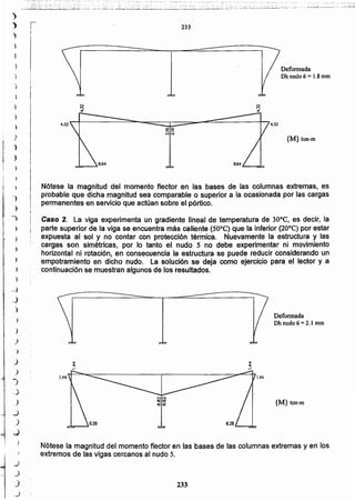 233
Nótese la magnitud del momento f1ectoren las bases de las columnas extremas y en los
extremos de las vigas cercanos al nudo 5.
{M} ton-m
1.44
Deformada
Oh nudo 6 = 2.1 mm
Caso 2. La viga experimenta un gradiente lineal de temperatura de 30oe, es decir, la
parte superior de la viga se encuentra más caliente (50°C) que la inferior (20°C) por estar
expuesta al sol y no contar con protección térmica. Nuevamente la estructura y las
'. cargas son simétricas, por lo tanto el nudo 5 no debe experimentar ni movimiento
horizontal ni rotación, en consecuencia la estructura se puede reducir considerando un
empotramiento en dicho nudo. La solución se deja como ejercicio para el lector y a
continuación se muestran algunos de los resultados.
Nótese la magnitud del momento flector en las bases de las columnas extremas, es
probable que dicha magnitud sea comparable o superior a la ocasionada por las cargas
permanentes en servicio que actúan sobre el pórtico.
233r!
I
)
J
)
-)
_)
)
)
)
)
)
_)
)
)
-,.J
.)
_)
~
:)
.»
.e)
)
)
.J
_)
)
_)
1
)
-,
 