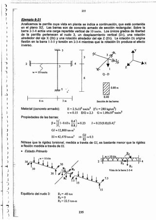 235
R, =-45 ton
R2=0
RJ = 22.5 ton-m
Equilibrio del nudo 3:
JI 7.5
• Estado Primario
J = 0.23(0.8)(0.4)3
Propiedades de las barras:
~~'!'(l-0.63x 0.4) ~ 0.23
3 0.8
OJ~ 12,800ton-m2
El ~ 42,670 ton-ml ~ OJ~ 0.3
" El
Nótese que la rigidez torsional, medida a través de OJ,es bastante menor que la rigidez
a flexión medida a través de El
~:.
E = 2.5xl06 ton/m2 (le = 280 kglcm2)
v ~ 0.15 E/G ~ 2.3 G ~ 1.09xl06 tonlm2
Material (concreto armado):
Sección de las barras3m6m
~ O.30m
0.40
6
Q-D
w = 10 ton/m
5
x
z
2
Eiemplo 6-31
Analicemos la parrilla cuya vista en planta se indica a continuación, que está contenida
en el plano XZ. Las barras son de concreto armado de sección rectangular. Sobre la
barra 2-3-4 actúa una carga repartida vertical de 10 ton/m. Los únicos grados de libertad
de la parrilla pertenecen al nudo 3, un desplazamiento vertical (DI), una rotación
alrededor del eje X (02) Y una rotación alrededor del eje Z (D3). La rotación D2 origina
flexión en la barra 1-3-5 y torsión en 2-3-4 mientras que la rotación 03 produce el efecto
inverso.
)
...,
.)
)
)
}
)
J
J
!
)
"~
)
j
)
co4
)
:1
J
)
.)
)
}
)
,
, .,
~.,
"1 ._
-.

.1
:1
.._
;
,',
J ._
;~,
~
.~:
~,.
.,.
"C
"
__
 