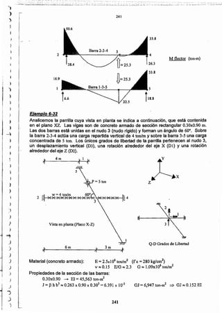 241
GJ = 6,947 ton-m2 ~ GJ ~ 0.152 El
Material (concreto armado): E = 2.5x 106 tonlm2 (fe = 280 kglcm2)
v ~ 0.15 E/O ~ 2.3 G R': 1.09x106 ton/m2
Propiedades de la sección de las barras:
O.30xO.90 -+ El = 45,563 ton--m2
J = f3 h b3 ~ 0.263 x 0.90 x 0.303 = 6.391 x 10-3
3m6m
Q-D Grados de Libertad
Vista en planta (Plano X-Z)
z
'1 .,'1
x
I(] v4m
EJemplo 6-32
Analicemos la parrilla cuya vista en planta se indica a continuación, que está contenida
en el plano XZ; Las vigas son de concreto armado de sección rectangular O.30xO.90 m.
Las dos barras está unidas en el nudo 3 (nudo rrgidO)y forman un ángulo de 60°, Sobre
la barra 2-3-4 actúa una carga repartida vertical de 4 ton/my sobre la barra 3-5 una carga
concentrada de 5 tOD. los únicos grados de libertad de la parrilla pertenecen al nudo 3,
un desplazamiento vertical (D3) , una rotación alrededor del eje X (D]) Y una rotación
alrededor del eje Z (D2). '
26.3
42
Barra 2-3-4
33.8
Mflector (ton-m)
16.9
)
}
)
}
)
1
}
,)
)
j
~
)
)
)
)
)
,..,
J
.J
J
),
.)
j
)
)
j
.)
,)
,~
)
--4
)
'"i)
)
I 241
)
.:S I
~
._~..3i~-~_-~i,"~:~:::/~.~;~i;~~;':J.~i~~~_:.':·:~_¿1.:;-;~-·,,~~~:-.~':~i~.~~.j_::~:~~L-~·~i~~.··~';-~-;;.;~~:;~~~~·:~·~~~;;'~~~:~~:·,;~::_~;~.l~.~~º:~~:~.,~:~:~.~
 