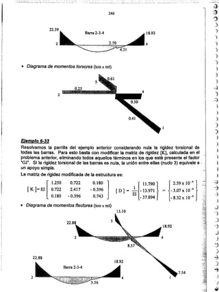 J
~
,~
:1)
_)
-)
)
')
)
)
)
)
)
')
~
)
~
)
)
)
)
)
)
)
)
)
)
)
J
;)
cj
----1
)
-;J
"~
)
'C)
J
_)
J
)
a
4
Barra 2-3-4
22.88
22.
7.54
2
15.10
• Diagrama de momentos flactores (ton x rnt)
{
11.790}
{D } = _1 _ 13.971 .
El _37.894
0.722
2.417
·0.396
0.180 ]
- 0.396
0.743
= {- !:~::~::]- 8.32 X 10-4
[
1.250
[ K ]= El' 0.722
0.180
Ejemplo 6-33
Resolvamos la parrilla del ejemplo anterior considerando nula la rigidez torsional de
todas las barras. Para esto basta con modificar la matriz de rigidez [K], calculada en el
problema anterior, eliminando todos aquellos términos en los que esté presente el factor .
"OJ". Si la rigidez torsional dé las barras es nula, la unión entre ellas (nudo 3) equivale él - .,
un apoyo simple.
La matriz de rigidez modificada de la estructura es:
• Diagrama de momentos torsores (ton x mt)
2
18.93Barra 2-3-4
4
22.39
246
 