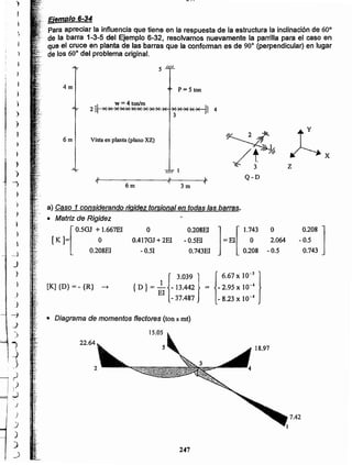 247
7.42
22.64
• Diagrama de momentos flectores (ton x mt)
{
3.039} {6.67 x 10.5 }
{ D} = ~I - 13.442 = - 2.95 X 10.4
-37.487 -8.23xlO·4
[K] {D} =_ {R} ~
0.4170J + 2EI
- 0.51
O.208EI] r 1.743
-O.5EI =EI O
0.743EI 0.208
o 0.208 ]
- 0.5
0.743
o
2.064
-0.5
a} Caso 1considerando rigidez torsional en todas las barras.
• Matriz de Rigidez
r
0.5GJ + 1.667EI
[K]= O
O.208EI
3m6m
Q-D
1111
","
Vista en planta (plano XZ)6m
w=4 ton/m
2§·~,"*",~~~*7'~*+~E-*-~H~ 4
3
P = 5 ton
5 ""
4m
Ejemplo 6~34
-Para apreciar la influencia que tiene en la respuesta de la estructura la inclinación de 60°
.de la barra 1-3-5 del Ejemplo 6-32. resolvamos nuevamente la parrilla para el caso en
que el cruce en planta de las barras que la conforman es de 90° (perpendicular) en lugar
de los 60°del problema original.
)
1
1
~
)
)
1
)
)
)
)
i
i,
•1
j
}
-,
)
t¡
I )
I )
)
)
)
_J
j
)
)
J
-J
_J
-)
j

._)
J
-; 1)
I )
=; ~
J
)
J
)
_)
_)
 
