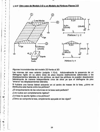 19
Algunas inconsistencias del modelo 20 frente al 3D:
Las mismas del caso anterior (acápite 1.10.4). Adicionalmente la presencia de un
diafragma rígido en su plano (losa de piso) impone restricciones adicionales a los
desplazamientos laterales de los pórticos, es decir los pórticos no pueden desplazarse
lateralmente de manera independiente unos de otros ya que el diafragma de piso
"amarrawlos desplazamientos laterales.
Si hubiera una fuerza lateral actuando en el centro de masas de la losa, ¿cómo se
distribuiría esta fuerza entre los pórticos?
¿El empotramiento de las columnas en la base será perfecto?
¿Los nudos son completamente rígidos?
¿La losa no aporta rigidez a los pórticos?
¿Cómo se comporta la losa, simplemente apoyada en las vigas?
Pórticos 3 Y4Suelo
.."
Ic,Ac
1 (40x25)
" lz
(4 Ox25) h
--@
Pórticos 1 Y2
(25x40
2
IC,Ac
(2Sx40)
1
h
,--@
,Losa Maciza
1.10.5 Otro caso de Modelo 3-D a un Modelo de Pórticos Planos 2-D
f
J
}
J
,
}
»
)
)
_,
)
--,
1
J
I
_)
¡
~ ¡.
I I
II
I
I)
1
)
)
)
)
)
_)
)
~
J.
)
)
J
)
--,
)
) i
I
~ I
)
L)
._~
,
 