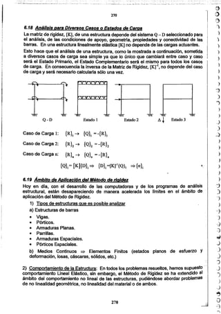 "1.-
tJ)
O
·9
~
)
)
)
)
)
)
)
)
)
":J
)
j
)
_)
_)
)
:!)
)
)
)
)
.)
)
)
-'j
)
)
)
=)
-)
~
_::~
;;tJ
,)
_)
_)
,)
_)
)
)
-d
~
.."'".-
'i(;J
':'1
270
2) Comportamiento de la Estructura: En todos los problemas resueltos, hemos supuesto _o_.
comportamiento Lineal Elástico, sin embargo, el Método de Rigidez se ha extendido al
ámbito del comportamiento no lineal de las estructuras, pudiéndose abordar problemas ..
de no linealidad geométrica, no linealidad del material o de ambos.
6.19 Ámbito de Aplicación del Método de rigidez
Hoy en día, con el desarrollo de las computadoras y de los programas de análisis
estructuraí.: están desapareciendo de manera acelerada los límites en el ámbito de
aplicación del Método de Rigidez.
1) Tipos de estructuras que es posible analizar
a) Estructuras de barras
• Vigas.
• Pórticos.
• Annaduras Planas.
• Parrillas.
• Armaduras Espaciales.
• Pórticos Espaciales.
b) Medios Continuos ~ Elementos Finitos (estados planos de esfuerzo Y
deformación, losas, cáscaras, sólidos, etc.)
Caso de Carga 1: {R}l -+ {Qh = -{R}¡
Caso de Carga 2: {R}2-+ {Q}2 = -{Rh
Caso de Carga n: {R}n ~ {Q}n = -{R}n
{Q}¡= [K]{Dh => {n}¡=[Iqol{Q}¡ ~ {ah
Estado 1Q-D
~~ ~~'" ~~
Estado 2 A J Estado 3
~ 1
6.18 Análisis para Diversos casos o Estados de Carga II
La matriz de rigidez, [K], de una estructura depende del sistema Q - D seleccionado para I
el análisis, de las condiciones de apoyo, geometrfa, propiedades y conectividad de las !
barras. En una estructura linealmente elástica [K] no depende de las cargas actuantes. I
Esto hace que el análisis de una estructura, como la mostrada a continuación, sometida !
a diversos casos de carga sea simple-ya que lo único que cambiará entre caso y caso I
será el Estado Primario. el Estado Complementario será el mismo para todos los casos
de carga. En consecuencia la inversa de la Matriz de Rigidez, [Krl,no depende del caso
de carga y será necesario calcularla sólo una vez.
 