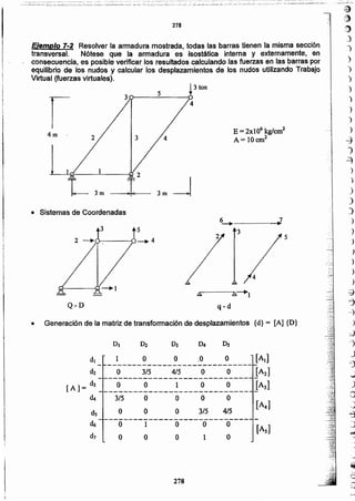 _..;._~.:::..'.:..::J~~'.::.
~
~~ 'j
.1), ',o
,_)
,
')
)
)
')
')
)
)
)
-j
1
~
)
)
)
)
.)
}
)
)
)
)
)
)
~
:).
-4
)
d
"1
J
<
.)
.)
'J
J
~
:
~
)
.)
ij
el'.
;~
-i
278
o1ooo
o O O 3/5 4/5
----------------------------- -O 1 O O O
o
dIlO O .0 O
- -----------------------------d2 O 3/5 4/5 O O
- --------------_-------------
[A] = d3 O ~ ~ ~ O____ _
dt ooo3/5
DsDI
• Generación de la matriz de transformación de desplazamientos {d} = [A] {D}
q-dQ.-D
s
3
• Sistemas de Coordenadas
3m _j
32
4m .
5
E = 2xl06 kglcm2
A = lOcm2
Ejemplo 7-2 Resolver la armadura mostrada, todas las barras tienen la misma sección
transversal. Nótese que la armadura es isostática interna y externamente, en
.consecuencia, es posible verificar los resultados calculando fas fuerzas en las barras por
equilibrio de los nudos y calcular los desplazamientos de los nudos utilizando Trabajo
Virtual (fuerzas virtuales).
278
 