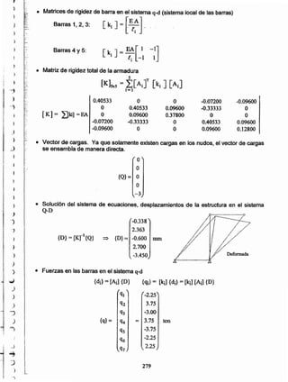 279
{di}=[Aíl {D} {qi} = [k¡] {di}= [k¡] [A¡] {D}
ql -2.25
q2 3.75.
q3 -3.00
{q}= q4 = 3.75 ton
qs -3.75
q6 -2.25
q7 225
• Fuerzas en las barras en el sistema q-d
-0338
2.363
{D} = [KrJ {Q} => {D} = -0.600 mm
2.700
-3.450
• Solución del sistema de ecuaciones, desplazamientos de la estructura en el sistema
Q-D
..,
)
-)
_)
)
)
-.)
)
)
..)
...,
)
.-=¡
i _j
1
~
-:J
:1
I ._-
)
,
)
O
O
{Q}= O
O
• -3
)
• Vector de cargas. Ya que solamente existen cargas en los nudos, el vector de cargas
se ensambla de manera directa.
0.40533 O O -0.07200 -0.09600
O 0.40533 0.09600 -0.33333 O
[IC] = ~] =FA O 0.09600 0.37800 O O
-0.07200 -0333.33 O 0,40533 0.09600
-0.09600 O O 0.09QOO 0,12800
• Matriz de rigidez total de la armadura
s T
[KJsxs = ¿[A¡] [k¡] [Aí]
i= I
Barras 4 Y 5:
Matrices de rigidez de barra en el sistema q-d (sistema local de las barras)
Barras1,2,3: [k¡ ] = [~~ l
r~.. "
...
} ~:::~
•
I )¡
I )
I ~!
i
I
 