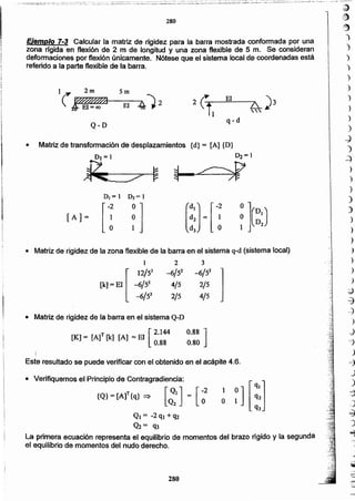 '~
;~
~
)
')
)
)
)
)
)
)
')
)
-)
)
~
)
)
)
)
)
)
)
)
)
)
)
)
-;;)
~
-.:
"
-J
-7
J
;~
_
)
~
.
'8
:
~
)
.
~
d
'D
-
280
01 = -2 q¡ + q2
02= q3
La primera ecuación representa el equilibrio de momentos del brazo rígido y la segunda
el equilibrio de momentos del nudo derecho.
{Q} = [A]T{q} :::)
1
O[~,] =
• Verifiquemos el Principio de Contragradiencia:
Este resultado se puede verificar con el obtenido en el acápite 4.6.
0.88 ]
0.80
[K] = [A]T[k] [A] = El [2.1440.88
• Matriz de rigidez de la barra en el sistema Q-D
• Matriz de rigidez de la zona flexible de la barra en el sistema q-d (sistema loeal)
1 2 3
[
12/53 -6/52 -6/52 ]
[k]=EI -6/52 4/5 2/5
-6/52 2/5 4/5
Matriz de transformación de desplazamientos {d} = [Al {D}•
q-d
Q-D
5m
El 4-)2
1 2m
( 1f$/MiEl =0()
Ejemplo 7-3 Calcular la matriz de rigidez para la barra mostrada conformada por una
zona rígida en flexión de 2 m de longitud y una zona flexible de 5 m. Se consideran
deformaciones por flexión únicamente. Nótese que el sistema loeal de coordenadas está
referido a la parte flexible de la barra.
280
 