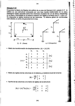 J,
"
-,
-.."
r.-
J
)
,]t
(~
4
)
)
)
">
)
)
)
)
)
)
)
J
)
)
)
-j
;.)
4
)
)
)
)
)
,)
)
)
)
)
)
)
292
o
1
-4 ~][
1
T 3 El
[KI] = [Al] [kl] [Al] = -3 O
(3) 3
• Aporte de las columnas a la matriz de rigidez de la estructura
~ ][k] = 3EI [ 1
h3 O
• Matriz de rigidez de las columnas en el sistema q-d (sistema local de la barra)

DI D2 D3
di 1 O 3
d2 O 1 -4
[AJ)
- ----------------d3 1 O 3
[A2][A] =
dt O 1 4
------------------ds 1 O -3
[A3]d6 O 1 O
• Matriz de transformación de desplazamientos {d} = [A] {D}
Q - D (planta) q- d (Perspectiva)


4m4m
~(
el
f-~1
3
292
Ejemplo 7-10
Ensamblar la Matriz de Rigidez del edificio de un piso del Ejemplo 6-42, acápite 6.17. El
edificio es una estructura compuesta por -una losa maciza indeformable en su plano
(diafragma rrgido) apoyada sobre tres columnas circulares de 3 m de altura, empotradas
en la base y articuladas en el extremosupertor con rigidez a la flexión de El = 5,400t-m2•
Se desprecia la rigidez torsional de las columnas. El sistema global de coordenadas
está referido al centro de gravedad de la losa.
 