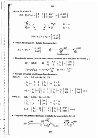 297
• Diagrama de fuerzas en barras en el Estado Complementario (ton-m)
1.167
J- r;.80 1.601"'16. ":;6~;).667
-r --i) c.: ~) <':0.434 -.J 
2 ] {DI} _{ -0.434 }- ton-m
4 D2 - 2.667
Barra 2:
{
0.80}= ton-m
1.60
2 ] { O } = El { 2 D, }
4 DI 3 4 D,
{q}1 = {qr } = El [ 4
q2 3 2
• Solución del sistema de ecuaciones, desplazamientos de la estructura en sistema Q-D
El
[
7/3 0.5] {DI} = { 1.167 }{Q}= [K] {D}
0.5 1 D 2 -2.667
120 3.267{D} = [I(J-) {Q} => DI = 92 ~ _. - D2 = 93 ~ ---
El El
• Fuerzas en barras en el Estado Complementario
Barra 1: {q}1 = [kl] {dl}= [kl] [Al] {D}
~ _,_~~I,_.J_6_7__ .....~, 2.667
Complementario
{Q}= _{R} = { + 1.167 }
- 2.667
• Vector de Cargas {Q}. Estado Complementario
{
-1.167}{R} = {RJ} + {R2} =
+2.667
Aporte de la barra 2:
(R2}~ [A,jT (r.} = [~ .. ~] { ;~:::; }= { ~~~~7 }
297
)
)
')
)
)
) ',:.
J
)
-)
j
)
--1
)
=4
)
i
)
.)
=.::J
J
)
~.'
~...
.
, ~..
_.
~~~.
1;;,
1~~·
:r-
;.
,
!
1 _)
1
)
_)
~
I
¡
,

¡ }
j
)
~.) ..1,
t ")1 ¡.
I 1¿:'
1
';::'"
..
~
,.
:-=.:'
,':.
.'.
,
_J
-t '.
j
 