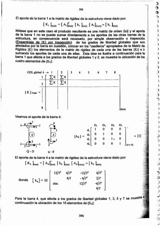 o
j
306
, ,
'_J
Para la barra 4, que afecta a los grados de libertad globales 1, 3, 5 y 7 se m
continuación la ubicación de los 16 elementos de [K.t]:
.SlID.
-12/13
_6/l2
12/f'
El aporte de la barra 4 a la matriz de rigidez de la estructura viene dado por:
[K. ~4X.) = [A4]~4X4) [k4 ~4X4) [A.l4x4) = [k.](4X4)
Veamos el aporte de la barra 4:
7 4
Gt DI D3 D, D7
~:
dI 1 O O O
d2 O 1 O O = [1] ,
,"
[Aa ] =
d3 O O l.¡,. O
d, O O O 1 (4x4)2
Q~D q-d
_--l
'-';
(8x8)
GDL global J.. -t 1 i 2 i 3 4 5 6 7 8
1 LX 1 LX I...;- -'-fx-rLX .,- - ---..---.- -.-.--.
..._...- --·....--...--t----...-..;......_....--..---~-----------....·.._ .....-....---------........--..--
: ! I
[K] Total = : I!
i ~
I I
8 ! I
El aporte de la barra 1 a la matriz de rigidez de la estructura viene dado por:
[ KI ]~x2)= [ Al f2x2) [kJ ](2x2) [~ll2X2) = [ k, ~2l12)
Nótese que en este caso el producto resultante es una matriz de orden 2x2 y el aporte
de la barra 1 no se puede sumar directamente a los aportes de las otras barras de la
estructura. en consecuencia será necesario, por simple observación o inspección
(Ensamblaie de OC] por Inspección) de los grados de libertad globales que son
afectados por la barra en cuestión. colocar en los "casilleros" apropiados de la Matriz de -,
Rigidez [K] los elementos de la matriz de rigidez de cada una de las barras [Ki] e ir
sumando los aportes de cada una de ellas. Esta idea se ilustra a continuación para la
barra 1 que afecta a los grados de libertad globales 1 y 2, se muestra la ubicación de los
cuatro elementos de [KJ]:
,;)
~
O
c_)
)
)
)
)
)
)
)
)
)
')
')
)
)
)
)
J
-3
j
)
,)
)
)
)
)
J
)
)
)
,)
)
_)
J
J
~
~
.)
J
)
J
306
 