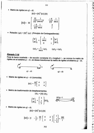 312
2 ] [ :]=~3EI
4 -- 1
2
[k2]= [1
• Matriz de rigidez en q2 - d2.
[k2] = [H]T[Id] [H]
• Matriz de trasfonnación de desplazamientos.
{d}t = [H] {d}2
{k!] = ~I [ ~ ~ ]
• Matriz de rigidez en ql - di (conocida).
ql-dl ' q2-d2
~1
..1J.....--------~4
(dl)2= 1 -1/2
Ejemplo 7-16
Para la barra mostrada - de sección constante El y longitud 1- se conoce la matriz de
rigidez en el sistema qJ - dJ, se desea transformar la matriz de rigidez al sistema q2- d2.
1
(ql)2 =-- (ql)J
sena
( ql) =[ se~a O ](ql)
q2 2 O 1 q2]
• Relación {q2}= [Hf {ql} (Principio de Contragradiencia): .
• Matriz de rigidez en q2- d2.
[k2] =[H]T [k.l] [H]
)
)
)
,)
)
.J
)
--:}
.)
)
)
)
J
(
)
)
)
,)
)
)
.-)
.~
-}
.
)
J
.)
)
)
')
~
- 6 1
W sena
4
1
12 1
(ti (sena)2
- 6 1
(/)2 sena
[k2]= El
312
 