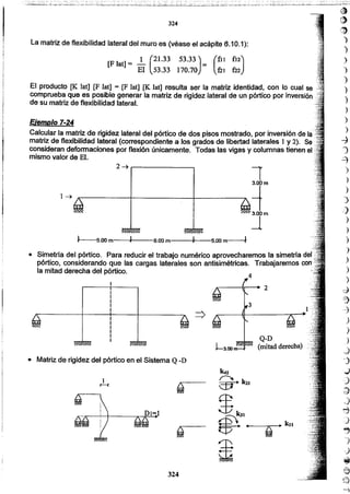 Q-D
, (mitad derecha)
=>
324
• Matriz de rigidez del pórtico en el Sistema Q -D
1~
• Simetrra del pórtico. Para reducir el trabajo numérico aprovecharemos la simetrra del
pórtico, considerando que las cargas laterales son antisimétricas. Trabajaremos con
la mitad derecha del pórtico. 4'
,.-------h--+ 2
1
~-__I_----I---____".. ~m
':r
2 ~ ...-----------.
Ejemplo 7-24
Calcular la matriz de rigidez lateral del pórtico de dos pisos mostrado, por inversión de la
matriz de flexibilidad lateral (correspondiente a los grados de libertad laterales 1 y 2). Se
consideran deformaciones por flexión únicamente. Todas las vigas y columnas tienen el'
mismo valor de El.
El producto [K 1at] [F lat] = [F lat] [K lat] resulta ser la matriz identidad, con lo cual se
comprueba que es posible generar la matriz de rigidez lateral de un pórtico por inversión
de su matriz de flexibilidad lateral.
.-'
)
)
)
)
)
)
-j
]
4
)
)
)
)
.)
)
)
)
)
.)
)
)
d
~
~
)
)
)
_J
,)
.)
:)
d
,)
d
.)
~
}
)
i9
e(:;)
"-~
,
La matriz de flexibilidad lateral del muro es (véase el acápite 6.10.1):
[F)at] = _1 (21.33. 53.33J= (fl J fJ2]
El 53.33 170.70 . 121 f22
324
 