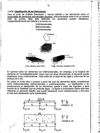 .~. ")
¡
1¡
1
¡
)
:>
t
)
1 )I
¡ )
[
¡
')¡
I .,)
J
f
-=:)
! ')
!
¡ )
¡
)~
f )
I )~
1 )
¡
)
~
•
)
I• )
¡
)
)
)
d
~
--:}
)
)
)
i)
=1
.)
., ,);
~
)
~
-')
~
-)
)
~
r'
J
../
h= 3
-¡. 5
MODELO 2D
,
No existe un límite claro o preciso a partir del cual los elementos deban considerarse
como tridimensionales, bidimensionales o unidimensionales. La clasificación y en
consecuencla la idealización de los elementos, queda a juicio del ingeniero y será
función de la "fidelidad" que se pretenda lograr. La figura a continuación ilustra esta idea
utilizando un elemento esbelto, que puede idealizarse como unidimensional, y otro para
el cual esta idealización seria cuestionable.
En general todos los elementos son tridimensionaJes, sin embargo, si la longitud del
elemento es "considerablemente" mayor que sus otras dimensiones, el elemento puede
idealizarse como unidimensional. Este suele ser el caso de las vigas y columnas de los
pórticos 3D 6 2D.
:.;~-::i
t~~
b;:;h
h1 L» (b,h)
-~~.'
b
Viga. columna; armadura (1D)
x
. Losa. cáscara, muro (20)
(3D)
,.~irum
U'
i
1.10.9 Clasificación de las Estructuras
Para el curso de Análisis Estructural 1, hemos definido a las estructuras como un
ensamblaje de elementos estructurales discretos, interconectados entre sJen un número
finito de puntos. Bajo esta definición los· elementos, pueden idealizarse,
independientemente del material y su forma, en:
Unidimensionaies
Bidimensionales
Tridimensionales

26
 