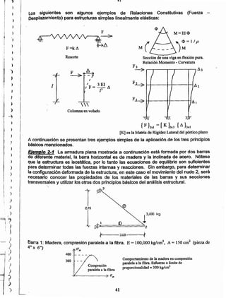 41
Compresión
paralela a la fibra
-+-------3> EIIl
Comportamiento de la madera en compresión
paralela a la fibra, E$luerzo o limite de
proporcionalidad ::ti 300 kglcm2
400
300
Barra 1: Madera, compresión paralela a la fibra. E = 100,000kg/cnr', A = 150cm2 (piezade
4"x 6")
~ ~1f'----3·60----,r1
T2.70
J
{ F }3xl = [ K 13X3 {~hx)
[K] es la Matriz de Rigidez Lateral del pórtico plano
A continuación se presentan tres ejempíos simples de la apücaoíón de los tres principios
básicos mencionados.
Ejemplo 2-1 La armadura plana mostrada a continuación está formada por dos barras
dé'dlferente material, la barra hortzontal es de madera y la iliclim:tda de acero. Nótese
que ¡a estructura es isostática. por lo tanto las eouaciones de eqúilibrio son suficientes
para determinar todas las fuerzas internas y reacciones. Sin emb.argo.para determinar
la configur~ción deformada de la estructura, en este caso el movimiento dei nudo 2, será
nece$ano conocer las propiedades de los materiales de las barras y sus secclones
transversales y utilizar los otros dos principios básicos del análisis estructural.

Columna envolado
.IF_ 3 El A
I ---u
l' '
F~
,
) ! /
A.
1 1/
  7T
1
Sección de una viga en flexión pura.
Relación Momento- Curvatura
F3 ' ,
~ ~ 3
Resorte
F=kA
>
M=EI el>F
Los siguientes son algunO$ ejemplos de Relaciones Constitutivas (Fuerza -
Despl~~miento) para estructuras simples linealmente elásticas:
") r '
,
t
)
)
)
-)
;
¡ )
~
j
)
)
)
¡ )
~
,
,
J
1
)
4¡
í )I
¡
)
)
}
)
)
)
)
)
)
)
)
,1
)
~"'I '; }
: 
)
I
)
I
I ,)
I
)
I
/)
)
I
,)
)
"
 
