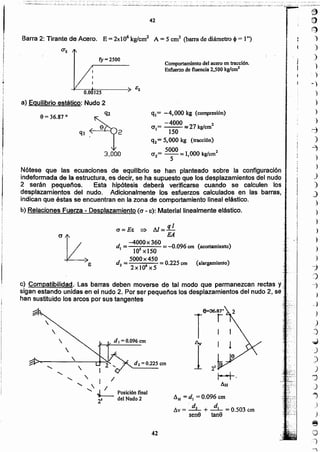 S)
O
C:}
)
)
)
)
)
-)
)
)
)
)
:-j
')
~
)
)
)
)
)
)
)
)
)
)
)
)
-:j
'~
--}
)
~J
)
)
.)
..)
,)
)
)
j
.)
j
)
)
e
:'ZJ
,,'j
1
42
AH = di = 0.096 cm
d dAv = _2_ + _1- = 0.503 cm
sens tan9
I
 /
<,  I
.......¿Posición final
2' del Nudo 2

d2 = 0.225 cm

dI =0.096 cm
e) Compatibilidad. Las barras deben moverse de tal modo que permanezcan rectas y ,
sigan estando unidas en el nudo 2. Por ser pequeños los desplazamientos del nudo 2, se ;
han sustituido los arcos por sus tangentes "
c¡ = Ee ~ Al = q
I
EA
-4000 x 360 .
di = S =-0.096 cm [acortamientc)
10 ><150
d - 5000 x 450 - O225 ( I . )2 - -. cm a argamtento
2xl0'x5
3,000
2
9 == 36.87 o
q,= -4,000 kg (compresión)
-4000 2
0',= ~ 27 kglcm
150
q2= 5,000 kg (tracción)
0'2= 5000 = 1,000 kglcm2
5
Nótese que las ecuaciones de equilibrio se han planteado sobre la configuración
indeformada de la estructura, es decir, se ha supuesto que los desplazamientos del nudo
2 serán pequeños. Esta hipótesis deberá verificarse cuando se calculen los
desplazamientos del nudo. Adicionalmente los esfuerzos calculados en las barras,
indican que éstas se encuentran en la zona de comportamiento lineal elástico.
b) Relaciones Fuerza - Desplazamiento (O' - 8): Material linealmente elástico.
a) Equilibrio estático: Nudo 2
Q2
Comportamiento del acero en tracción.
Esfuerzo de fluencia 2,500 kglcml
fY= 2500
Barra 2: Tirante de Acero. E = 2xI06 kglcm2 A = 5 cm2 (barrade diámetro el» = 1")
42
o ,Oo.=: ;0:'0":;- :'0' 'O. _ OO': O ,'O'." " ... ~ •• ,......
.....;~~:..:i.;;.:.;...;:..~,,¡:; .,n;. .." .•~;:~I:"O"~",,,,,: •.., ¡.
 