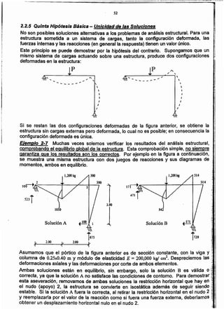 ._!2!.

~29
Solución B
lJ.2°Okg
13.00
1Solución A
52sT
~ 1
~
~7S
[, 2.00 It 2.00 [,
1 '1 1 .~:
Asumamos que el pórtico de la figura anterior es de sección constante, con la viga y .~;
columna de 0.25xOAOm y módulo de elasticidad E = 200,000 kgl cm2• Despreciemos las 1:
deformaciones axiales y las deformaciones por corte de ambos elementos. .
Ambas soluciones están en equilibrio, sin embargo, solo la solución B es válida o.~ .
correcta, ya que la solución A no satisface las.condiciones de contorno. Para demosfrarJ <
esta aseveración; removamos. de ambas soluciones la restricción horizontal que hay en :- ,
el nudo (apoyo) 2, la estructura se convierte en lsostática además de seguir siendo; _
estable. Si la solución A fuera la correcta, al retirar la restricción hoñzontal en el nudo 2 l
y reemplazarla por el valor de la reacción como si fuera una fuerza externa, deberiamos ~
obtener un desplazamiento horizontal nulo en el nudo 2. <
.~
J
Si se restan las dos configuraciones deformadas de la figura anterior, se obtiene la i
estructura sin cargas externas pero deformada, lo cual no es posible; en consecuencia la "1
configuración deformada es única.
Ejemplo 2-7 Muchas veces solemos verificar 10$ resultados del análisis estructural,
comprobando el equilibrio global de la estructura. Esta comprobación simple, no siempre
garantiza que .los resultados son los correctos. Por ejemplo en la figura a continuación,
se muestra una misma estructura con dos juegos de reacciones y sus diagramas de
momentos, ambos en equilibrio.
"
I
J/



'" 

I
------ ~¡
:1
. ¡
I
I
I

------
2.2.5 Quinta Hipótesis Básica - Unicidad de las Soluciones
No son posibles soluciones alternativas a íos problemas de análisis estructural. Para una
estructura sometida a un sistema de cargas, tanto la configuración deformada, las
fuerzas internas y las reacciones (en general la respuesta) tienen un valor único.
Este principio se puede demostrar por la hipótesis del contrario. Supongamos que un
mismo sistema de cargas actuando sobre una estructura, produce dos configuraciones
deformadas en la estructura:
52
 