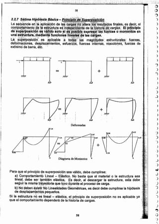 C)
~
)
)
)
')
)
')
)
)
)
)
.,
)
}
)
)
j
)
..)
)
)
)
)
)
)
)
7
)
l
.>
.)
-)
_J
-)
~
J
)
)
J
J
')
)
)
~
~
-)
58
Par~.qbi·~el plinciPIQge,superpósici~n~e~v~l!do.debe cumpjrse:
a) 'q:QmPQrtarii¡el1t~Lineal - E:i~$tiCó. No'.hasta que él material o la estructura sea
lio~~;j.qet:>eser ~mb~~nelªs~iº~;,:.~$'d~éir. al des~~rgar I~·estructura, estª debe
se~~¡rI~'ri1j$rn~tiJ'y~pt()ijaq~~~yórq:~ráñ~~el proceso de Cár:9~·
b) Nd.,:~~b~ti.:~~i$tirN9Linealida:de$ ·G~ohié.tricas.es decir debe cumplírée la hipótesis
de d.~$pl~t.E.itjl!~QtgS,.pequeños. . .' .
Si j,a ~~tN~tW(~~Wi,:~slih~~I--elásticE,i. 9,' p.~:n9ipiOde superposición no es apllcable ya
que el comportamiento dependerá, de la hlstorla de cargas.
o
+
r ,
Ója~aml,t de Momentos o
·8.68
+
I
1
Defo~8das
+.
5
: .j .
 