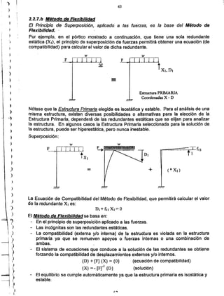 DI+fu X¡ = O
El Método de Flexibilidad se basa en:
- En el principio de superposición aplicado a las fuerzas.
- Las incógnitas son las redundantes estáticas.
- La compatibilidad (externa y/o interna) de la estructura es violada en la estructura
primaria ya que se remueven apoyos o fuerzas internas o una combinación de
ambas.
- El sistema de ecuaciones que conduce a la solución de las redundantes se obtiene
forzando la compatibilidad de desplazamientos externos y/o internos.
{D} + [F] {X} = {O} (ecuación de compatibilidad)
{X} = - or' {D} (solución)
El equilibrio se cumple automáticamente ya que la estructura primaria es isostática y
estable.
La Ecuación de Compatibilidad del Método de Flexibilidad, que permitirá calcular el valor
de la redundante XI es:
(* XI)
Nótese que la Estructura Primaria elegida es isostática y estable. Para el análisis de una
misma estructura, existen diversas posibilidades o alternativas para la elección de la
Estructura Primaria, dependerá de las redundantes estáticas que se elijan para analizar
la estructura. En algunos casos la Estructura Primaria seleccionada para la solución de
la estructura, puede ser hiperestática, pero nunca inestable.
Superposición:
Estructura PRIMARIA
Coordenadas X - D
FF
)
~,
1
)
)
1
)
)
,
1
¡
•
~
)
-}
! )
¡
)
I }
)
)
)
)
)
)
)
)
)
)
)
~

)
)
_j
I
1
?
~
.)
I
)
I
I
~

?
~
, )
2.2.7.b Método de Flexibilidad
El Principio de Superposición, aplicado a las fuerzas, es la base del Método de
Flexibilidad. -
} Por ejemplo, en el pórtico mostrado a continuación, que tiene una sola redundante
estática (XI), el principio de superposición de fuerzas permitirá obtener una ecuación (de
compatibilidad) para calcular el valor de dicha redundante.
63
')
)
 