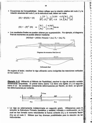 )
)
)
')
)
)
)
)
.)
)
-)
)
J
)
)
_j
)
.)
)
)
)
)
.)
.)
.)
-j
)
-")
)
~
-1
'3
~
.¡¡
,)
)
)
._
J
.
~
• la viga es externamente lndetermínada en segundo grado. Utilizaremos para la '
solución, la Estructura Primaria (isostática y estable) indicada a continuación, en la ..'
.cual se han tomado como redundantes la fuerza cortante (XI) y el momento
(X2) en el nudo 2. Nótese que hay diversas posibilidades para la elección de laS'
redundantes. .
1 "'C:~:'5~i>"'?;y!:(-;f:%~~~}".;:;,i';;'i,.!;,n
k ----->*~~~----.----4m 6 m
6EI
Ejemplo 2-13 Utilizando el Método de Flexibilidad, resolver la viga de sección variable .., ,'.
doblemente empotrada. El primer tramo (barra 1-2) tiene una rigidez El y el sequndo:
tramo 6 El Se consideran únicamente deformaciones por flexión, es decir, se ignoran
las deformaciones por cortante.
Se sugiere al lector, resolver la viga utilizando como incógnitas las reacciones verticales
en los nudos 1 y 2.
Deformada final
! ------
~l.ll rUn] IU! Illl!1111111l1HIlIlJlll.hl
3.0 tf¡¡n
Diagrama de momentos final (ton-m)
5.746
• los resultados finales se pueden obtener por superposición. Por ejemplo, el diagrama .:
final de momentos se puede obtener mediante:
{M}final = {M}Est.Primaria + {mI} X¡ + {1n2} X2
1 .. (XI) (-4.765){X}= - [F]' {D} => ~. ton-m
Xl 11.118
• Ecuaciones de Compatibilidad. Deben reflejar que la rotación relativa del nudo 2 y la
rotación absoluta del nudo 3, en la estructura real, deben ser nulas.
{O}+[FJ{X}={O} ~(:~7)+ ~(~!~:~~:)(~)=(:)
68
•. -- _. ". ','~' ::" . "- .: .: -_ ,••• ,,,. 7 .,. ..., :: " ::: .. . "." " • .'" ••• ... '" : --:,- _... ~.
-,; ..._.;~:::.._..:....:~....;.:;...--.....~-~:~......:...._..:.:...... ...:_.:..:.....~~ ....:.:.:....:;.:__.__._;,;:_:.,.......:._:;._.~-'-. ~- •..~'......
 