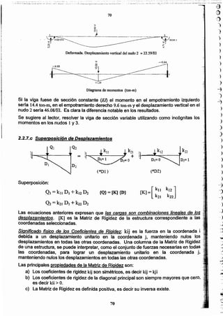 70
Las ecuaciones antenores expresan que las cargas son combinaciones lineales de los
desplazamientos. [K] es la Matriz de Rigide~ de la estructura correspondiente a las ..
coordenadas seleccionadas.
Significado ffsico de los Coeficientes de Rigidez: kij es la fuerza en la coordenada i .
debida a un desplazamiento unitario en la coordenada j, manteniendo nulos los ."
desplazamientos en todas las otras coordenadas. Una columna de la Matriz de Rigidez '.
de una estructura, se puede interpretar, como el conjunto de fuerzas necesarias en todas .
las coordenadas, para lograr un desplazamiento unitario en la coordenada j,
manteniendo nulos los desplazamientos en todas las otras coordenadas.
Las principales propiedades.de la Matriz de Rigidez son:
a) Los coeficientes de rigidez kij son simétricos, es.oecír kij = kji
b) Los coeficientes de rigidez de la diagonal principal son siempre mayores que cero,
es decir kii > O.
c) La Matriz de Rigidez es definida positiva. es decir su inversa existe.
[
k k ][K]= )1 12
k21 k22
{Q}= [K] {D}
Superposición:
QI = kll D. + kl2 D2
Q2 = k21 DI+k22D2
(+D2)(*Di)
2.2.r» Superposición de Desplazamientos
Si la viga fuese de sección constante (El) el momento en el empotramiento izquierdo
sería 14.4ton-m,en el empotramiento derecho 9.6ton-my el desplazamiento vertical en el
nudo 2 sería 46.08/EL Es clara la diferencia notable en los resultados.
Se sugiere al lector, resolver la viga de sección variable utilizando como incógnitas los
momentos en los nudos 1y 3.
Diagrama de momentos (ton-m)
Deformada, Desplazamiento vertical del nudo 2 ;::;22.59/EI
~f16'<';41
~.."
)
)
)
')
)
)
)
)
-j
)
~
)
)
)
)
)
)
)
)
)
)
)
)
~
-J
-J
)
_.
.... )
,
J
.;
)
)
)
.~
J
~
-
~
e
.q
--
:;
),
70
 