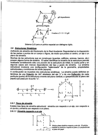 Pórtico plano simétricorespectoa este eje. El pórtico
I~ también es simétricorespectoal plano y~zperpendícular
",. 1 1 1 1 al plano del papel
I
3.6.1 Tipos de simetría
Existen tres tipos de simetría estructural: simetría con respecto a un eje, con respecto a
un punto y simetrla con respecto a un plano.
3.6.1.1 Simetría respecto a un eje
f
....
~'.~
I~
,
í:,r ~4~X
11 4 I2 m 11
AhIt
el '2 tI
 A
b
1 .• t t "
h
Sistema Q-D para un pórtico espacial con diafragma rígido.
3.6 Estructuras Simétricas
Definición de simetría del Diccionario de la Real Academia: Regularidad en la disposición
de las partes o puntos de un cuerpo o figura, de modo que posea un centro, un eje o un
plano de simetría.
Muchas de las estructuras que se construyen (puentes, edificios, aviones, barcos, etc.)
poseen alguna forma de simetrla. El saber identificar la simetrfa de la estructura permite
analizarla considerando s610una porción de la estructura (la mitad, la cuarta parte y en
algunos casos aún menos) dependiendo del tipo y grado de simetría. La simetría
estructural involucra una configuración "balanceada" de la geometría, propiedades
estructurales y condiciones de borde (apoyos).
A continuación se muestran dos estructuras simétñcas. La simetría puede definirse en
términos de una Rotación de 1800 alrededor del ej~ "y" o de una. Reflección de cada
partícula (punto) de la estructura a través del plano vertical y-z (perpendicular al plano del
papel) que pasa por el punto "A".
4 nudos x 3 +3 = 15 gdl
I¡
¡
1
!!
!
1r
i!
gdl Sólido Rígido
gdl dependientes
 