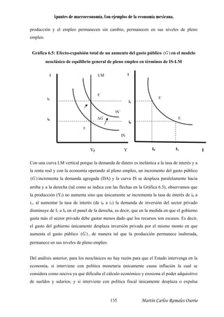 Apuntes de macroeconomía. Con ejemplos de la economía mexicana.
producción y el empleo permanecen sin cambio, permanecen en sus niveles de pleno
empleo.
Gráfica )(G6.5: Efecto-expulsión total de un aumento del gasto público en el modelo
neoclásico de equilibrio general de pleno empleo en términos de IS-LM
Con una curva LM vertical porque la demanda de dinero es inelástica a la tasa de interés y a
la renta real y con la economía operando al pleno empleo, un incremento del gasto público
)(G incrementa la demanda agregada (DA) y la curva IS se desplaza paralelamente hacia
rriba y a la derecha (tal como se indica con las flechas en la Gráfica 6.5), observamos que
producción (Yf) no aumenta sino que únicamente se incrementa la tasa de interés de i0 a
, al aumentar la tasa de interés (de i0 a i1) la demanda de inversión del sector privado
isminuye de I1 a I0 en el panel de la derecha, es decir, que en la medida en que el gobierno
asta más el sector privado debe gastar menos dado que los recursos son escasos. Es decir,
l gasto del gobierno únicamente desplaza inversión privada por el mismo monto en que
umenta el gasto público
a
la
i1
d
g
e
a )(G , de manera tal que la producción permanece inalterada,
ermanece en sus niveles de pleno empleo.
el análisis anterior, para los neoclásicos no hay razón para que el Estado intervenga en la
conomía, si interviene con política monetaria únicamente causa inflación la cual se
onsidera como nociva ya que dificulta el cálculo económico y erosiona el poder adquisitivo
e sueldos y salarios; y si interviene con política fiscal únicamente desplaza o expulsa
p
D
e
c
d
i LM
IS
IS´
YYf
i0
i1
i0
i1
II1I0
i
E
E´
E
E´
G∆
Martín Carlos Ramales Osorio135
 
