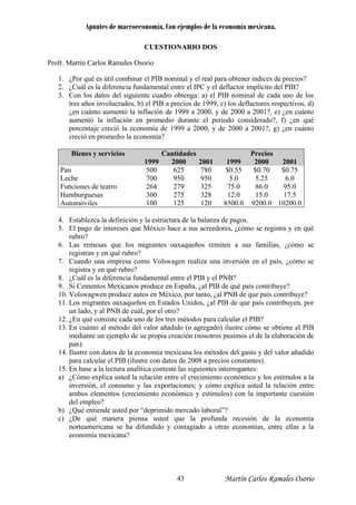 Apuntes de macroeconomía. Con ejemplos de la economía mexicana.
CUESTIONARIO DOS
Profr. Martín Carlos Ramales Osorio
1. ¿Por qué es útil combinar el PIB nominal y el real para obtener índices de precios?
2. ¿Cuál es la diferencia fundamental entre el IPC y el deflactor implícito del PIB?
3. Con los datos del siguiente cuadro obtenga: a) el PIB nominal de cada uno de los
tres años involucrados, b) el PIB a precios de 1999, c) los deflactores respectivos, d)
¿en cuánto aumentó la inflación de 1999 a 2000, y de 2000 a 2001?, e) ¿en cuánto
aumentó la inflación en promedio durante el periodo considerado?, f) ¿en qué
porcentaje creció la economía de 1999 a 2000, y de 2000 a 2001?, g) ¿en cuánto
creció en promedio la economía?
Cantidades PreciosBienes y servicios
1999 2000 2001 1999 2000 2001
Pan 500 625 780 $0.55 $0.70 $0.75
Leche 700 950 950 5.0 5.25 6.0
Funciones de teatro 264 279 325 75.0 86.0 95.0
Hamburguesas 300 275 328 12.0 15.0 17.5
Automóviles 100 125 120 8500.0 9200.0 10200.0
4. Establezca la definición y la estructura de la balanza de pagos.
5. El pago de intereses que México hace a sus acreedores, ¿cómo se registra y en qué
rubro?
6. Las remesas que los migrantes oaxaqueños remiten a sus familias, ¿cómo se
registran y en qué rubro?
7. Cuando una empresa como Volswagen realiza una inversión en el país, ¿cómo se
registra y en qué rubro?
8. ¿Cuál es la diferencia fundamental entre el PIB y el PNB?
9. Si Cementos Mexicanos produce en España, ¿al PIB de qué país contribuye?
10. Volswagwen produce autos en México, por tanto, ¿al PNB de que país contribuye?
11. Los migrantes oaxaqueños en Estados Unidos, ¿al PIB de que país contribuyen, por
un lado, y al PNB de cuál, por el otro?
12. ¿En qué consiste cada uno de los tres métodos para calcular el PIB?
13. En cuánto al método del valor añadido (o agregado) ilustre cómo se obtiene el PIB
mediante un ejemplo de su propia creación (nosotros pusimos el de la elaboración de
pan).
14. Ilustre con datos de la economía mexicana los métodos del gasto y del valor añadido
para calcular el PIB (ilustre con datos de 2008 a precios constantes).
15. En base a la lectura analítica conteste las siguientes interrogantes:
a) ¿Cómo explica usted la relación entre el crecimiento económico y los estímulos a la
inversión, el consumo y las exportaciones; y cómo explica usted la relación entre
ambos elementos (crecimiento económico y estímulos) con la importante cuestión
del empleo?
b) ¿Qué entiende usted por “deprimido mercado laboral”?
c) ¿De qué manera piensa usted que la profunda recesión de la economía
norteamericana se ha difundido y contagiado a otras economías, entre ellas a la
economía mexicana?
Martín Carlos Ramales Osorio43
 